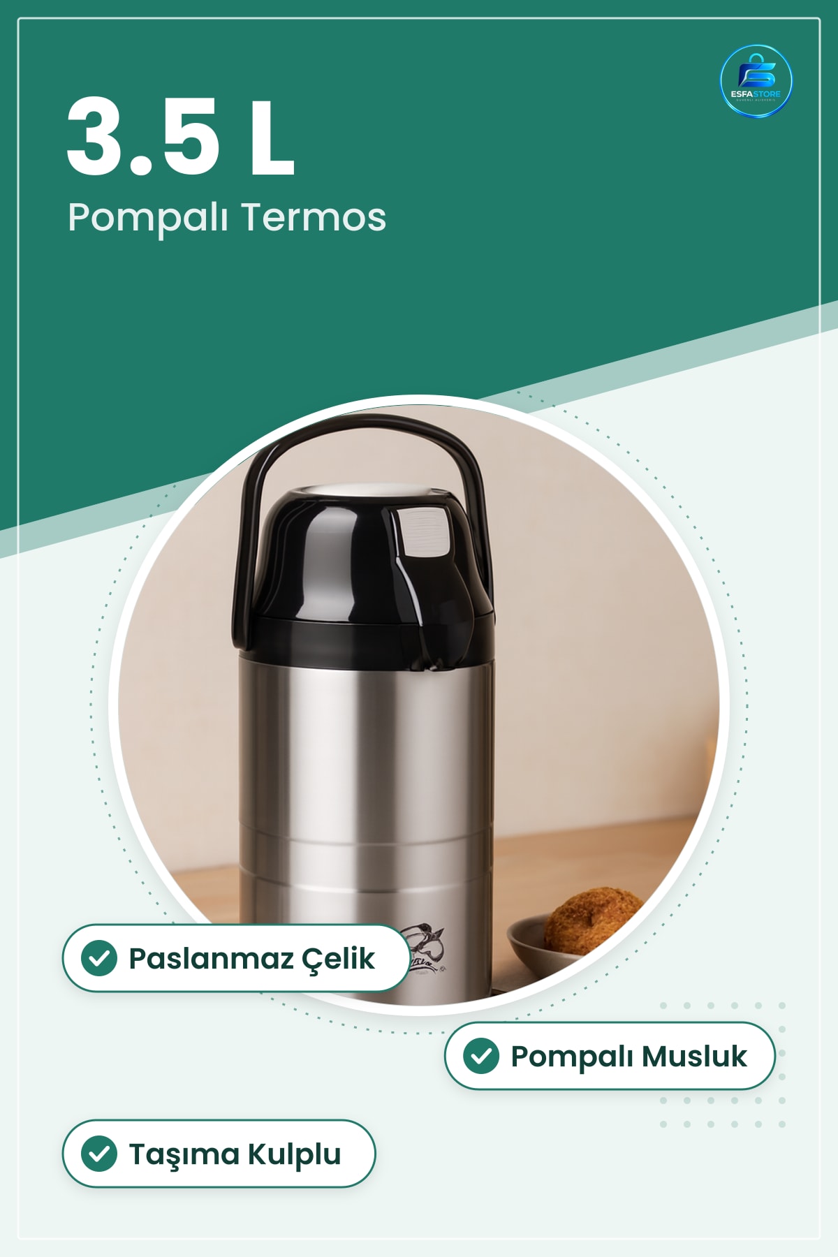 Termos Çelik 3.5L Pompalı Musluklu Paslanmaz Kamp Piknik Taşıma Kulplu Sıcak Soğuk