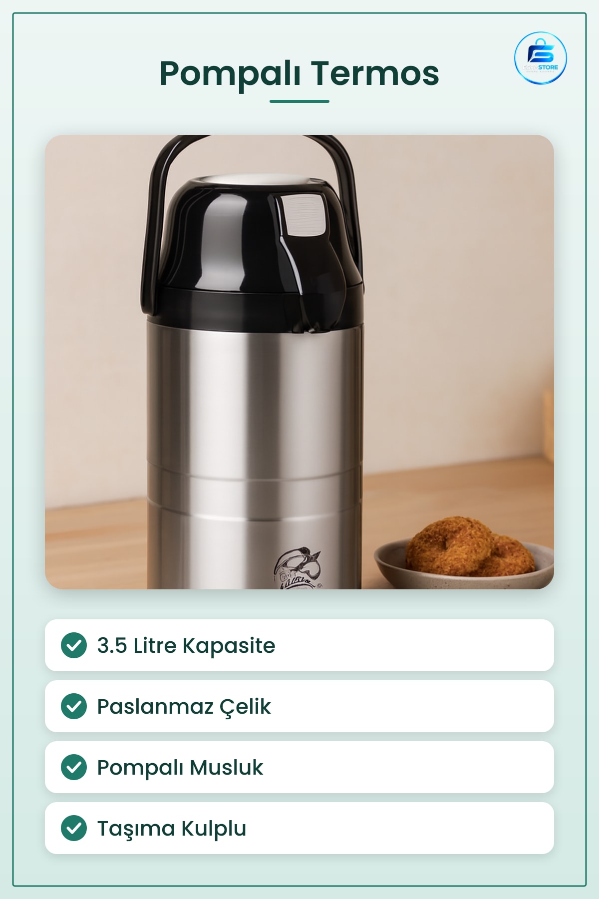Termos Çelik 3.5L Pompalı Musluklu Paslanmaz Kamp Piknik Taşıma Kulplu Sıcak Soğuk
