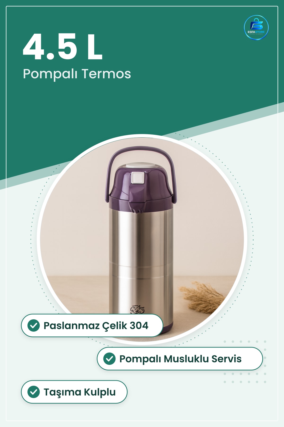 Termos 4.5 L Pompalı Çelik Paslanmaz Musluklu Taşıma Kulplu Kamp Sıcak Soğuk İçecek