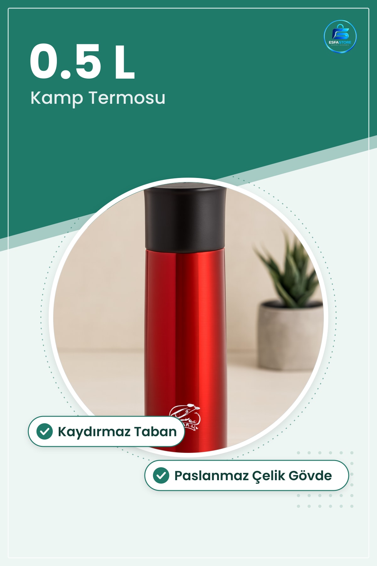 Termos 0.5 L Paslanmaz Çelik Kaydırmaz Taban Vakumlu Çift Katlı Kırmızı Kamp Sıcak Soğuk İçecek