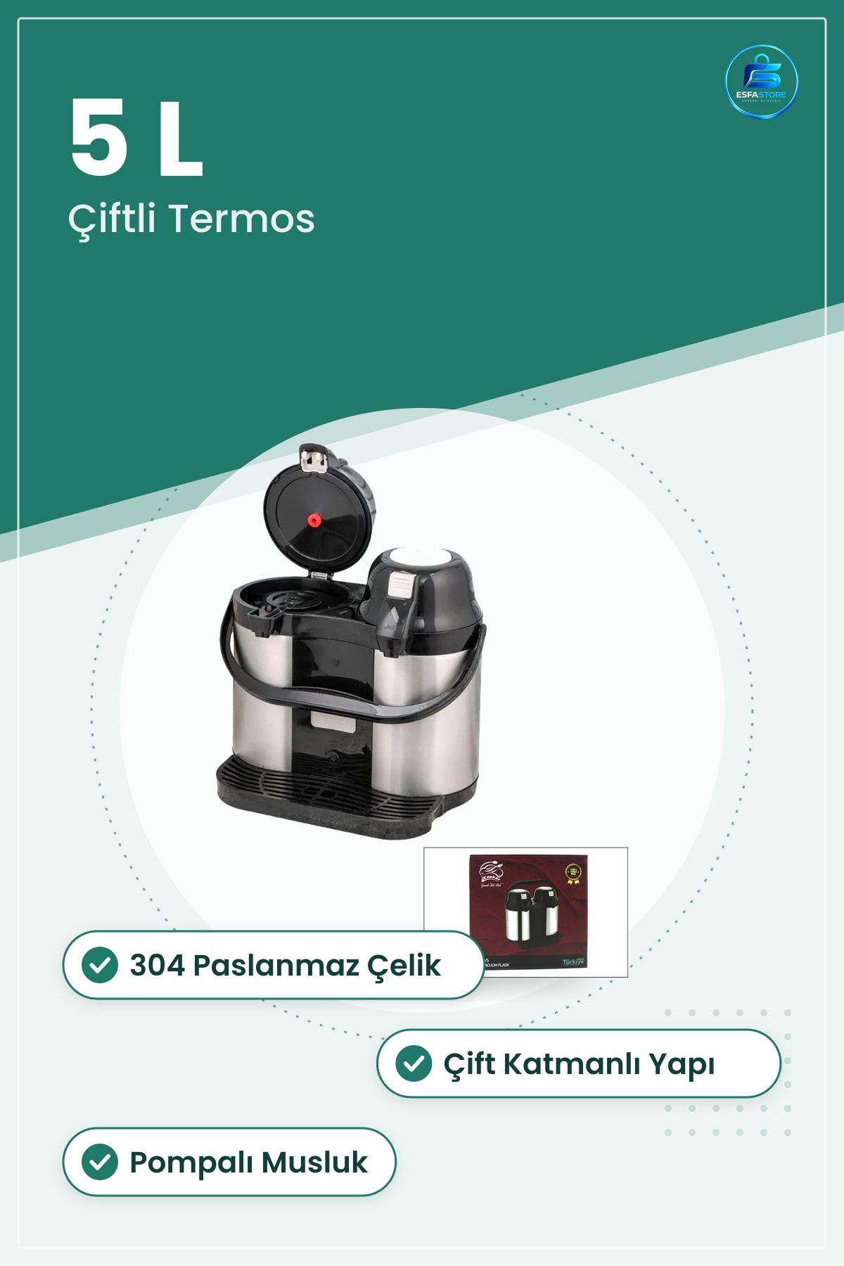 Termos 5 L Paslanmaz Çelik Pompalı Musluklu Çiftli Kamp Catering Ofis Sıcak Soğuk