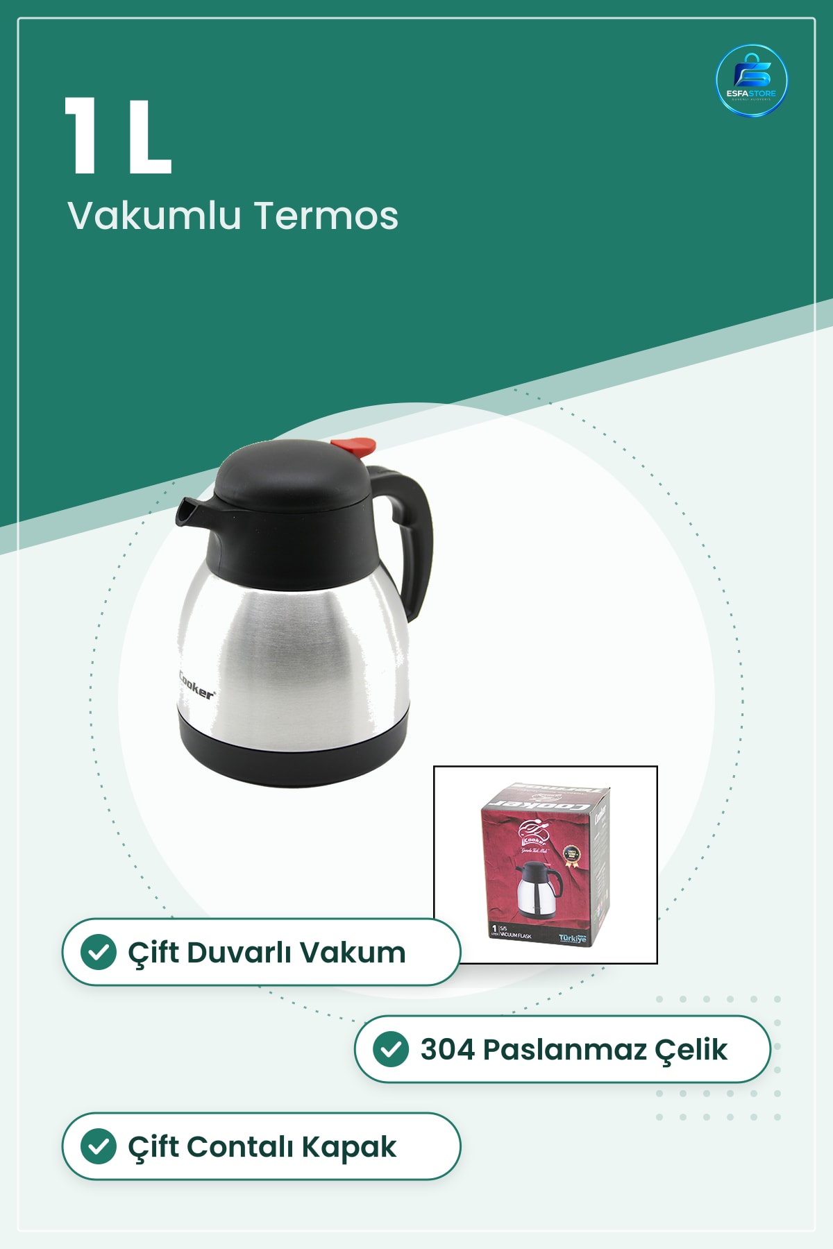 Termos 1 L Paslanmaz Çelik Vakumlu Kapaklı Çift Duvarlı Ofis Seyahat Kamp Sıcak İçecek
