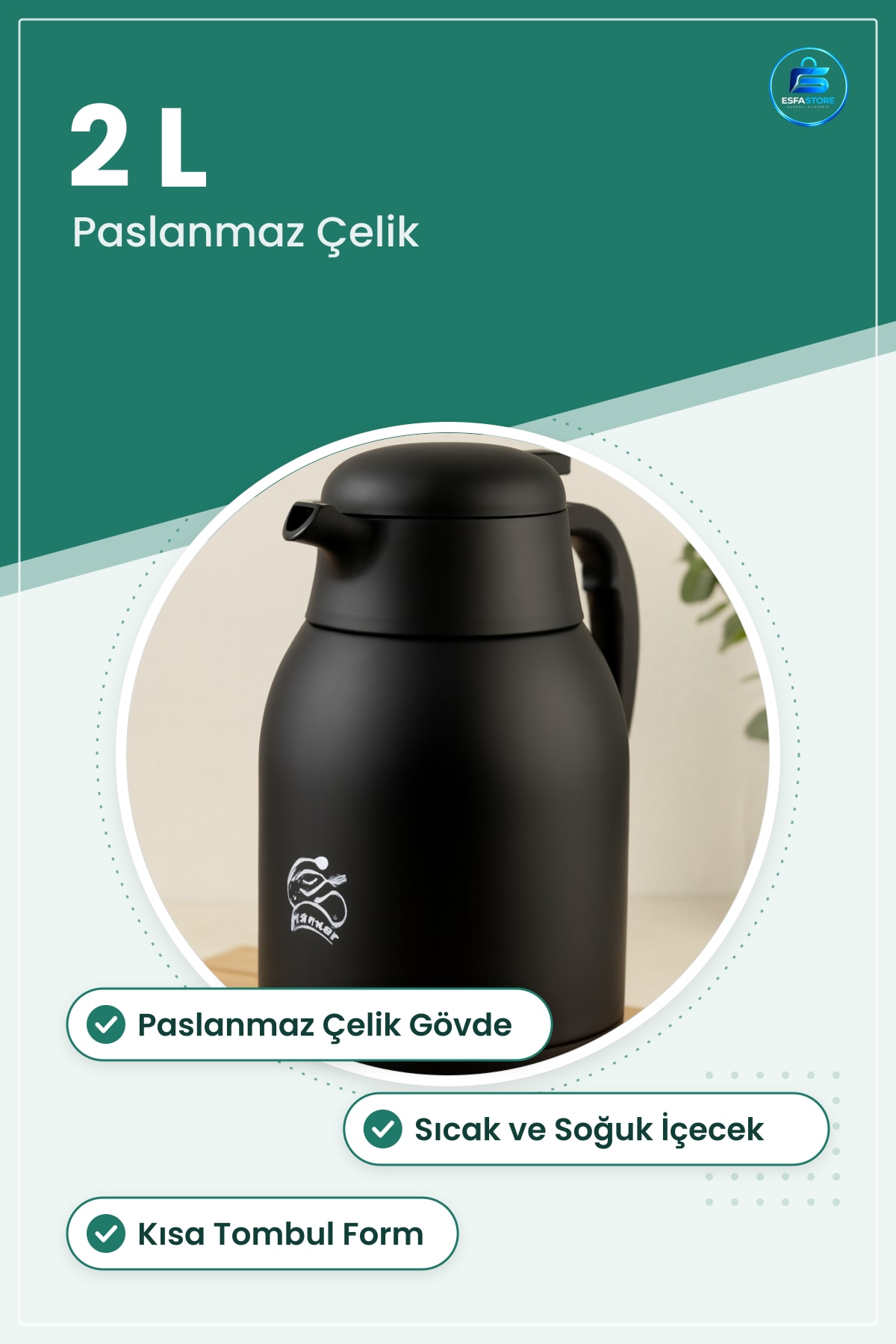 Termos Sürahi 2 L Çelik Kısa Tombul Paslanmaz Vakumlu Siyah Kamp Sıcak Soğuk İçecek Servisi