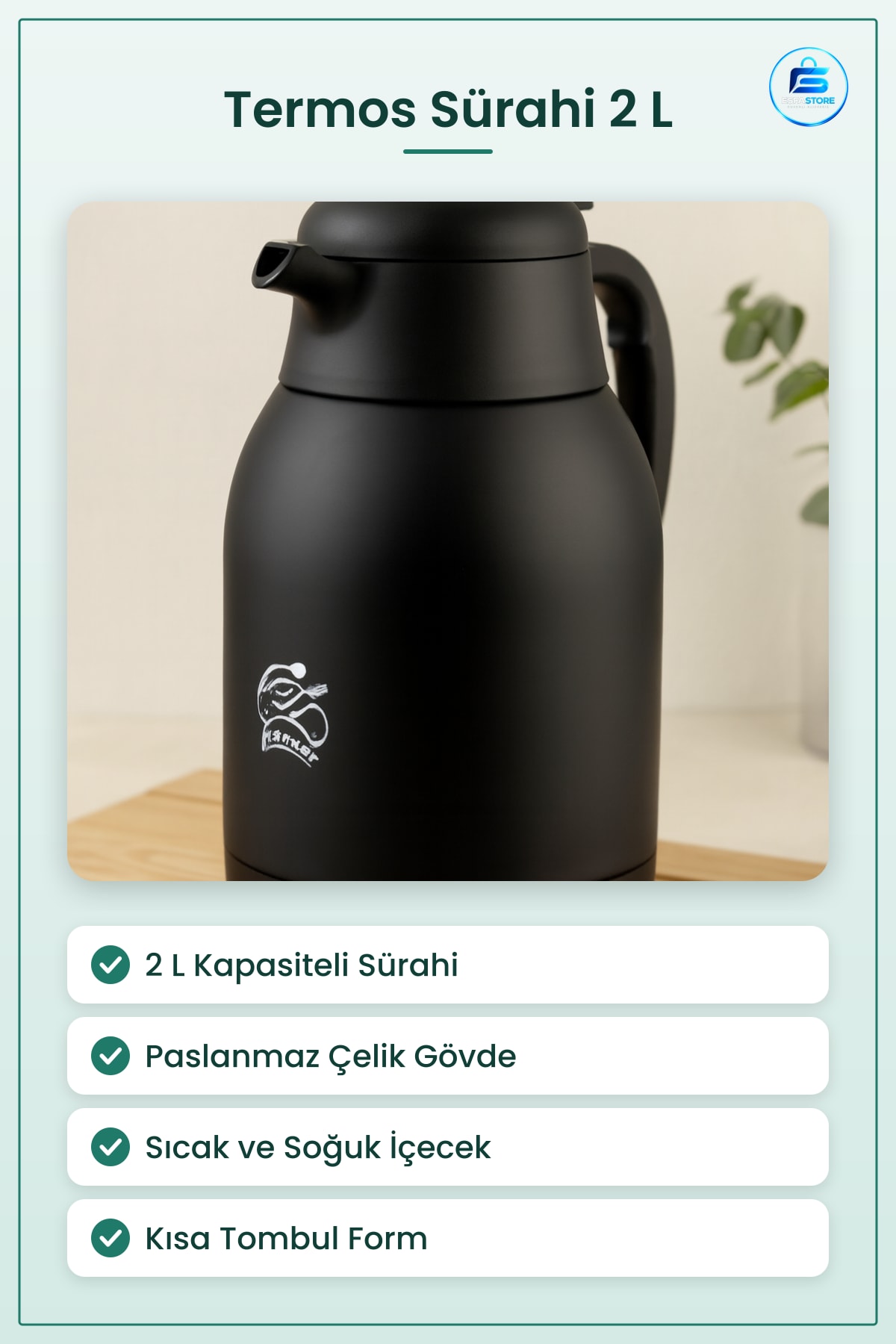 Termos Sürahi 2 L Çelik Kısa Tombul Paslanmaz Vakumlu Siyah Kamp Sıcak Soğuk İçecek Servisi