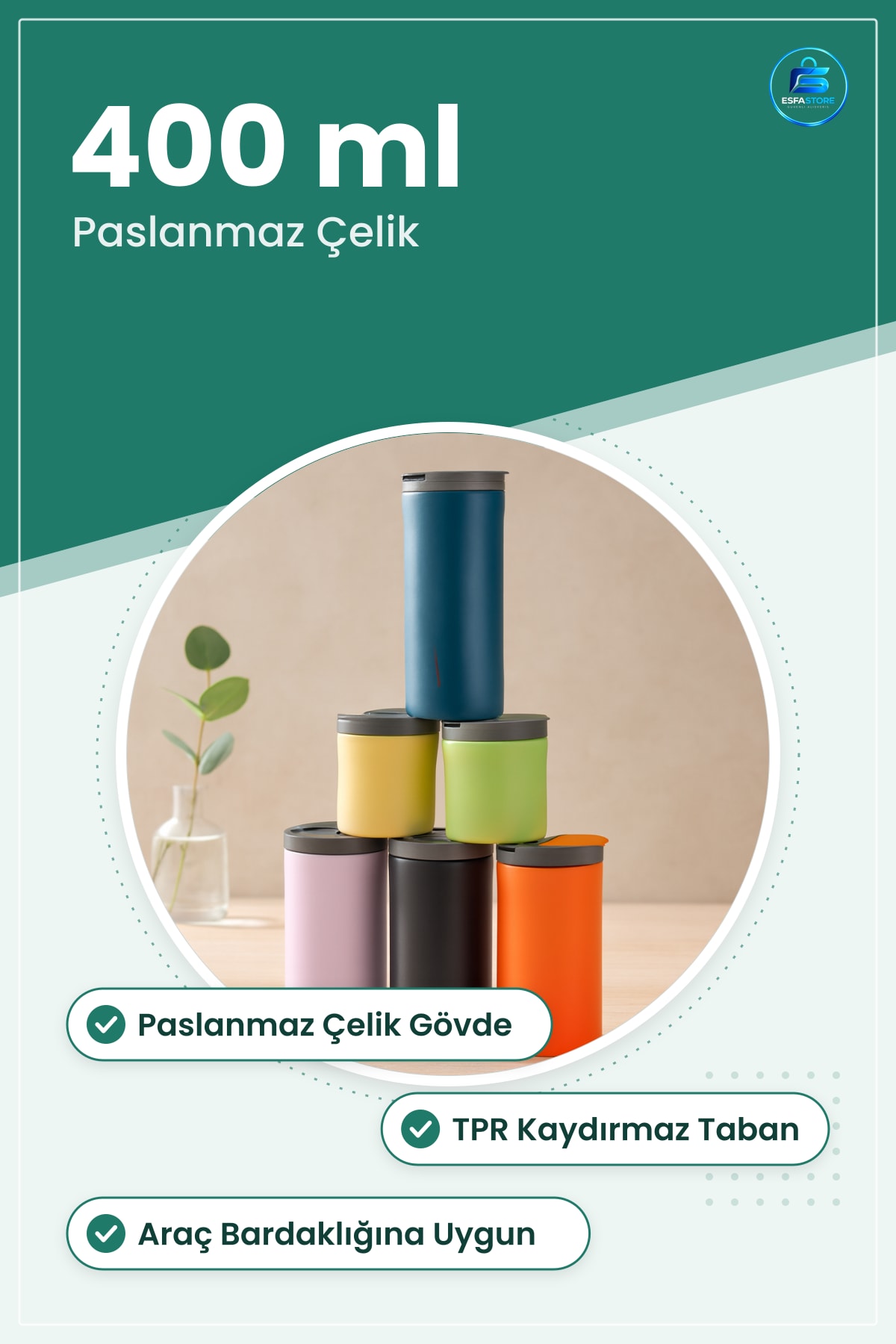 Termos Bardak 400 ml Paslanmaz Çelik Kaydırmaz TPR Taban Uzun Seyahat Ofis Araç Kamp