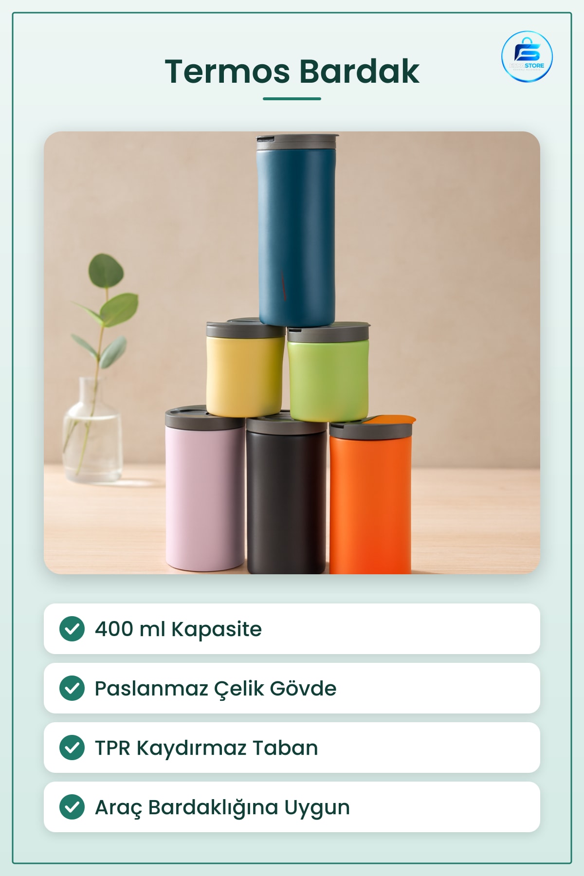 Termos Bardak 400 ml Paslanmaz Çelik Kaydırmaz TPR Taban Uzun Seyahat Ofis Araç Kamp