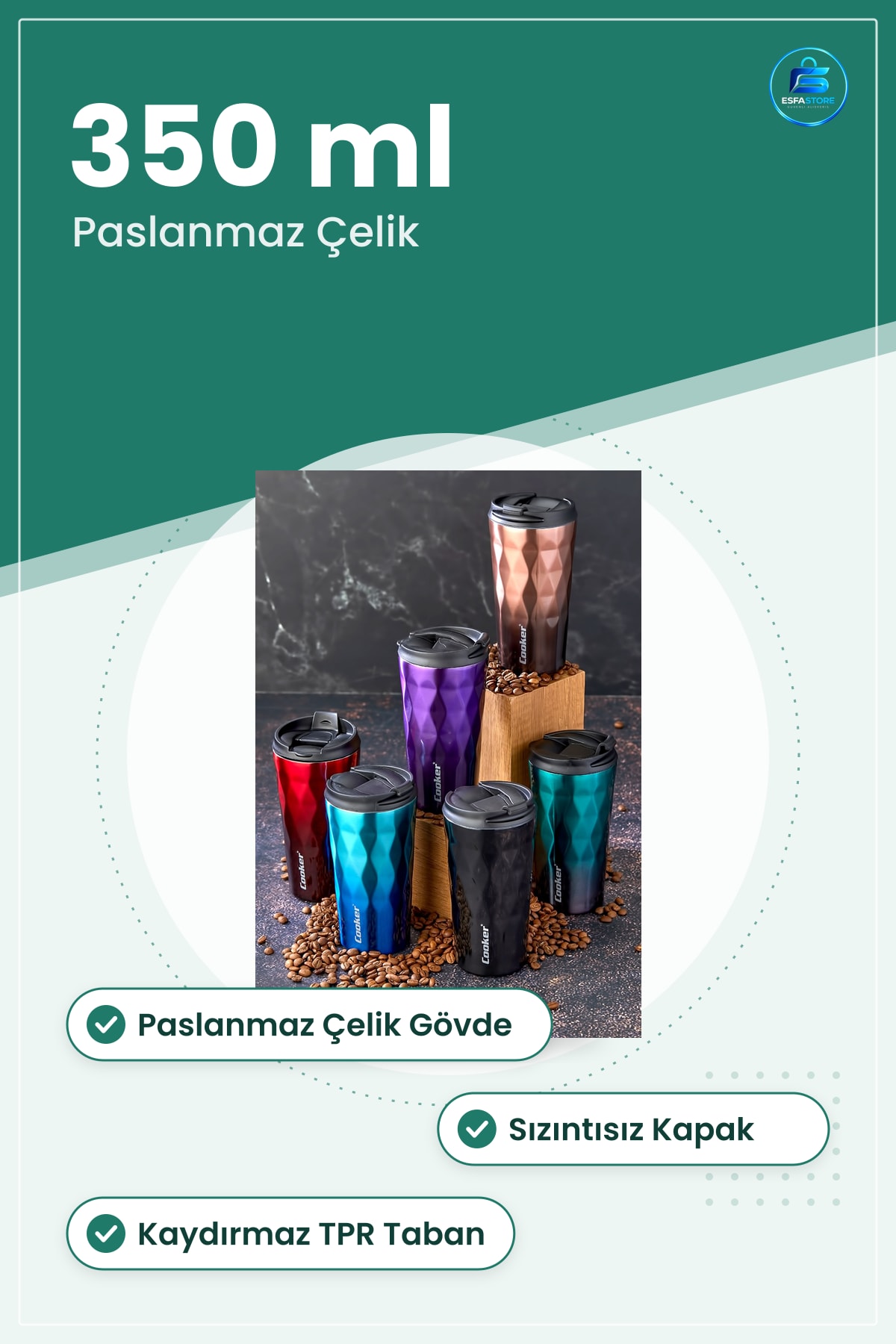 Termos Kupa 350 ml Paslanmaz Çelik Sızıntısız Kapak Kaydırmaz Taban Sıcak Soğuk İçecek Seyahat Ofis