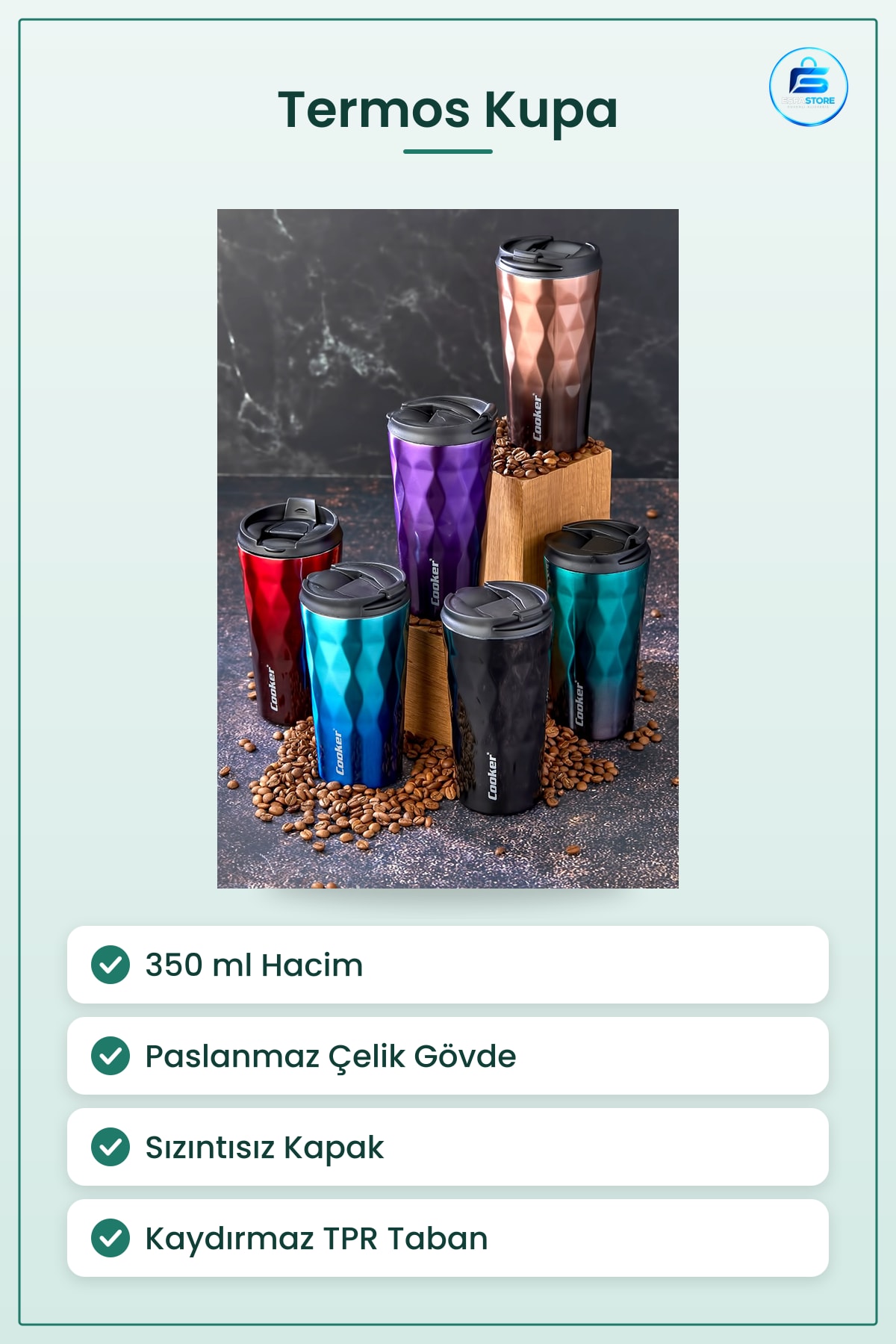 Termos Kupa 350 ml Paslanmaz Çelik Sızıntısız Kapak Kaydırmaz Taban Sıcak Soğuk İçecek Seyahat Ofis