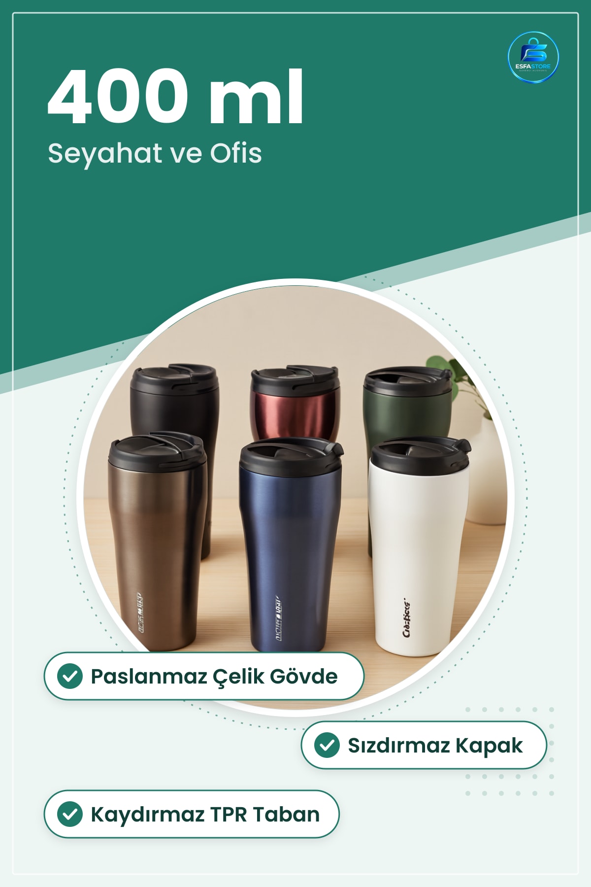 Termos Bardak 400 ml Paslanmaz Çelik Sızdırmaz Kapaklı Kaydırmaz TPR Tabanlı Seyahat Ofis Araç