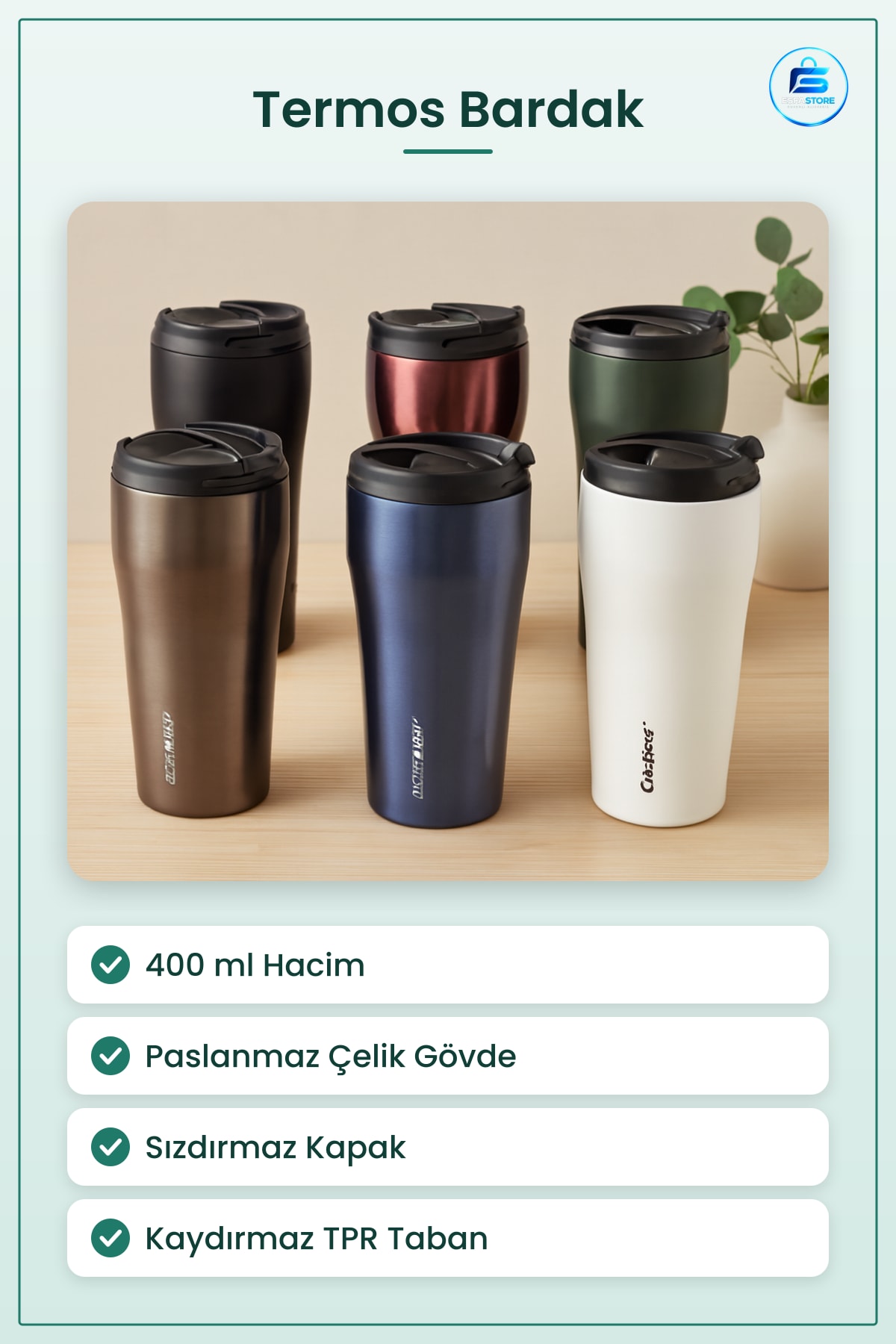 Termos Bardak 400 ml Paslanmaz Çelik Sızdırmaz Kapaklı Kaydırmaz TPR Tabanlı Seyahat Ofis Araç