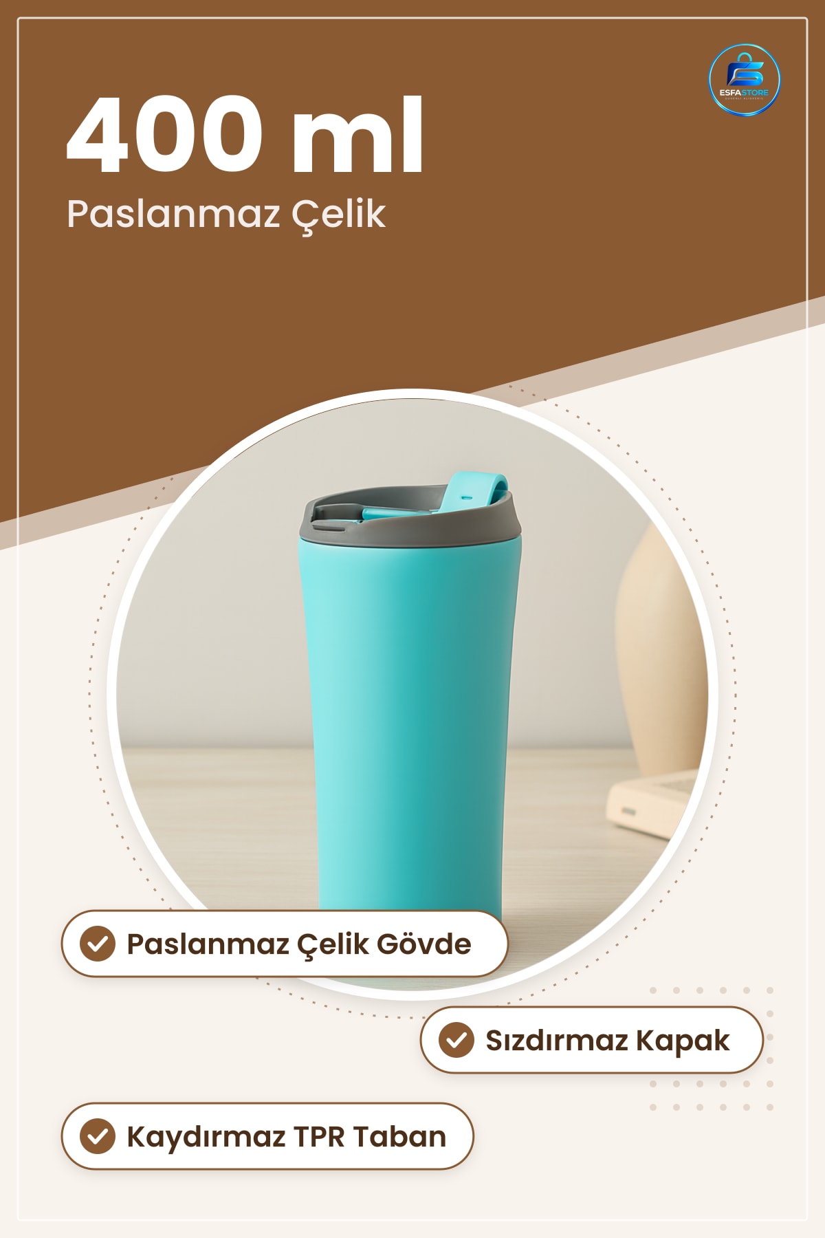 Termos Bardak 400 ml Paslanmaz Çelik Sızdırmaz Kapaklı Kaydırmaz Tabanlı Ofis Yolculuk Araç İçi