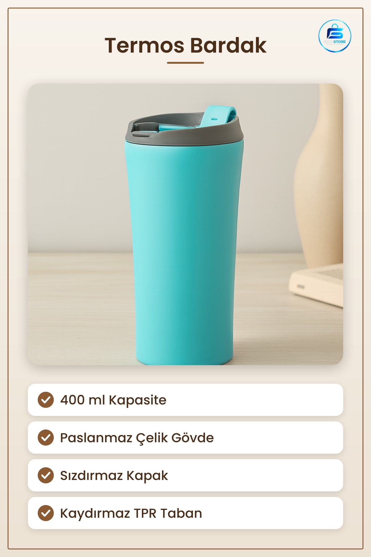 Termos Bardak 400 ml Paslanmaz Çelik Sızdırmaz Kapaklı Kaydırmaz Tabanlı Ofis Yolculuk Araç İçi