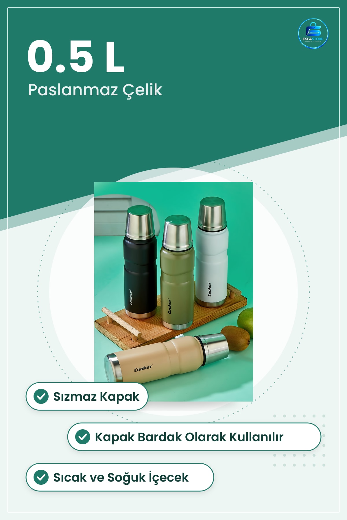 Termos 0.5 L Paslanmaz Çelik Bardaklı Sızınmaz Kapak Kamp Seyahat Ofis Okul Sıcak Soğuk İçecek