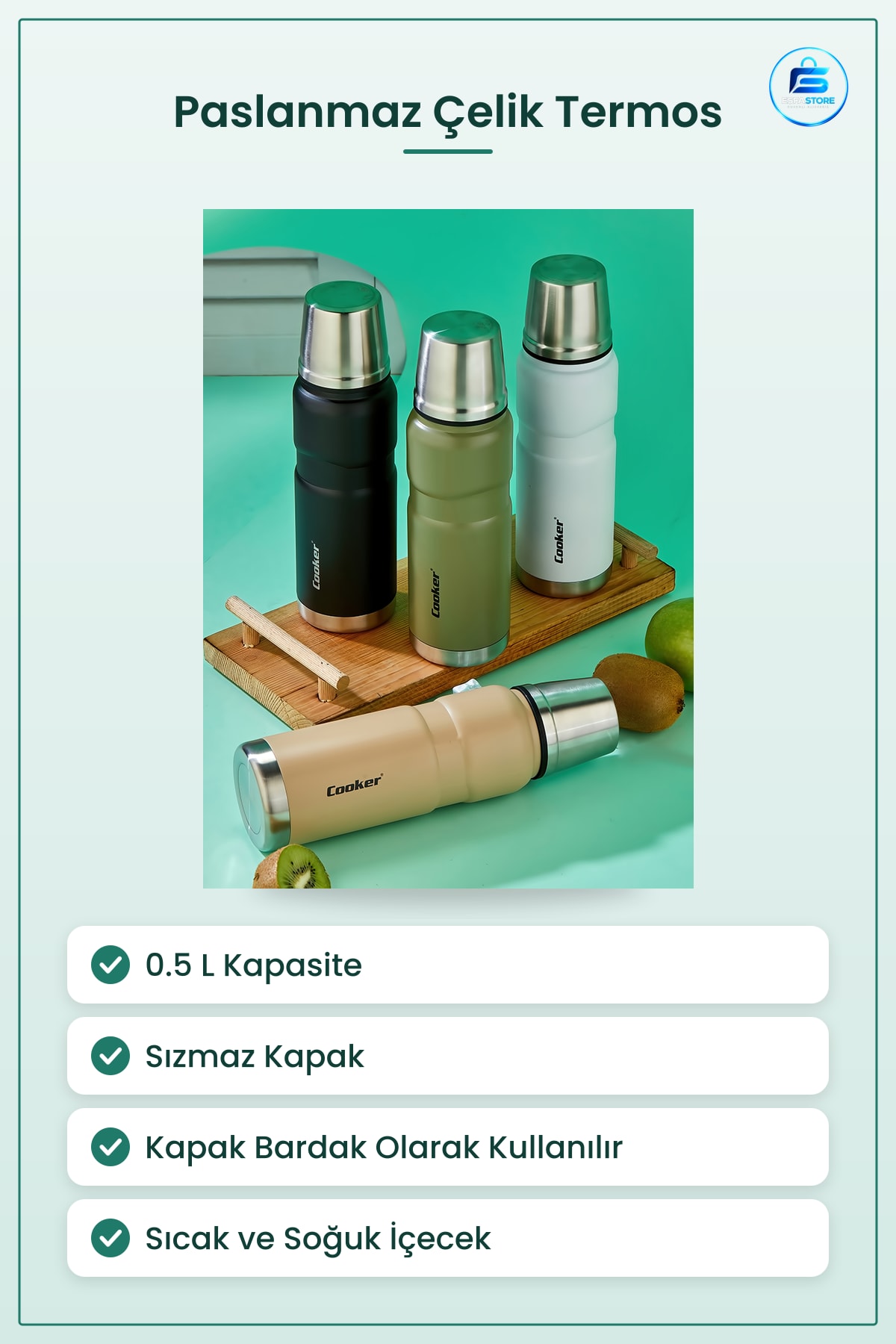 Termos 0.5 L Paslanmaz Çelik Bardaklı Sızınmaz Kapak Kamp Seyahat Ofis Okul Sıcak Soğuk İçecek