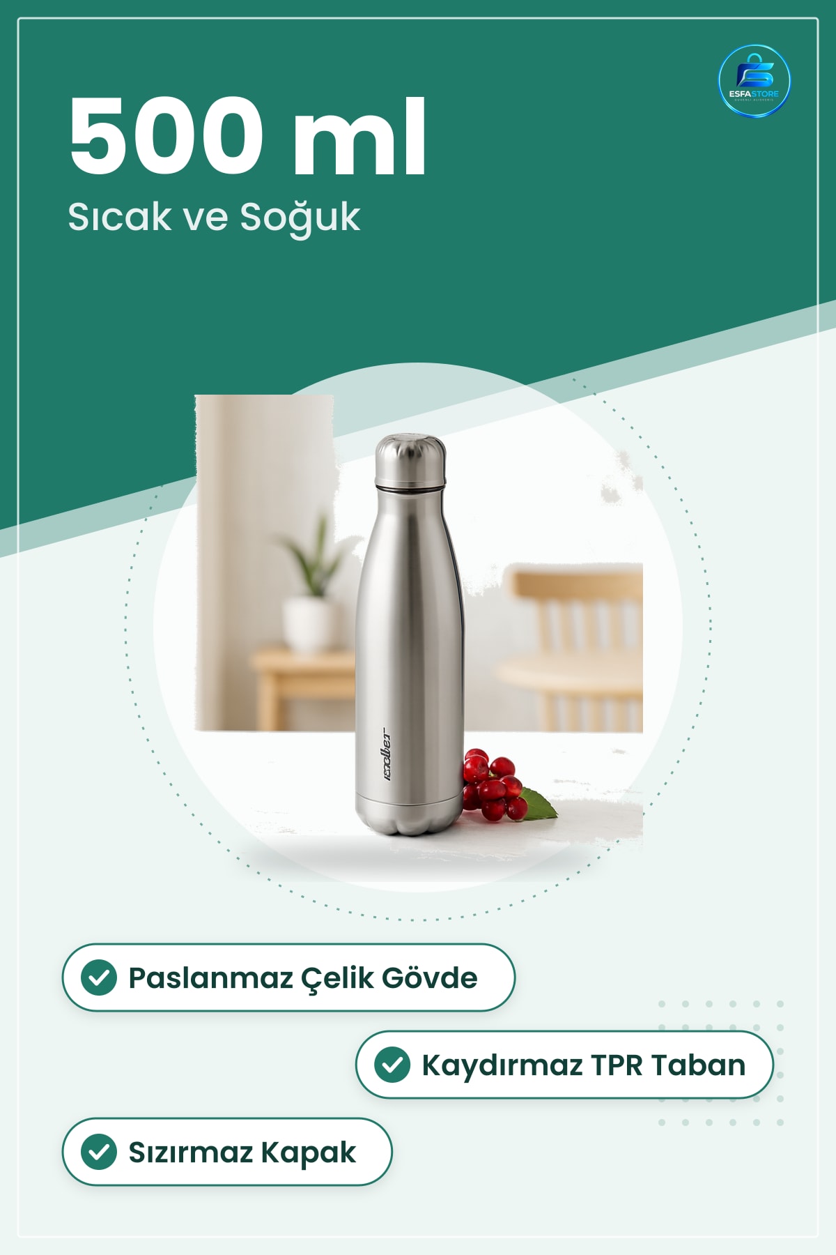 Termos Paslanmaz Çelik Şişe 500 ml Krom Kaydırmaz Tabanlı Sıcak Soğuk Muhafaza Kamp Ofis Seyahat