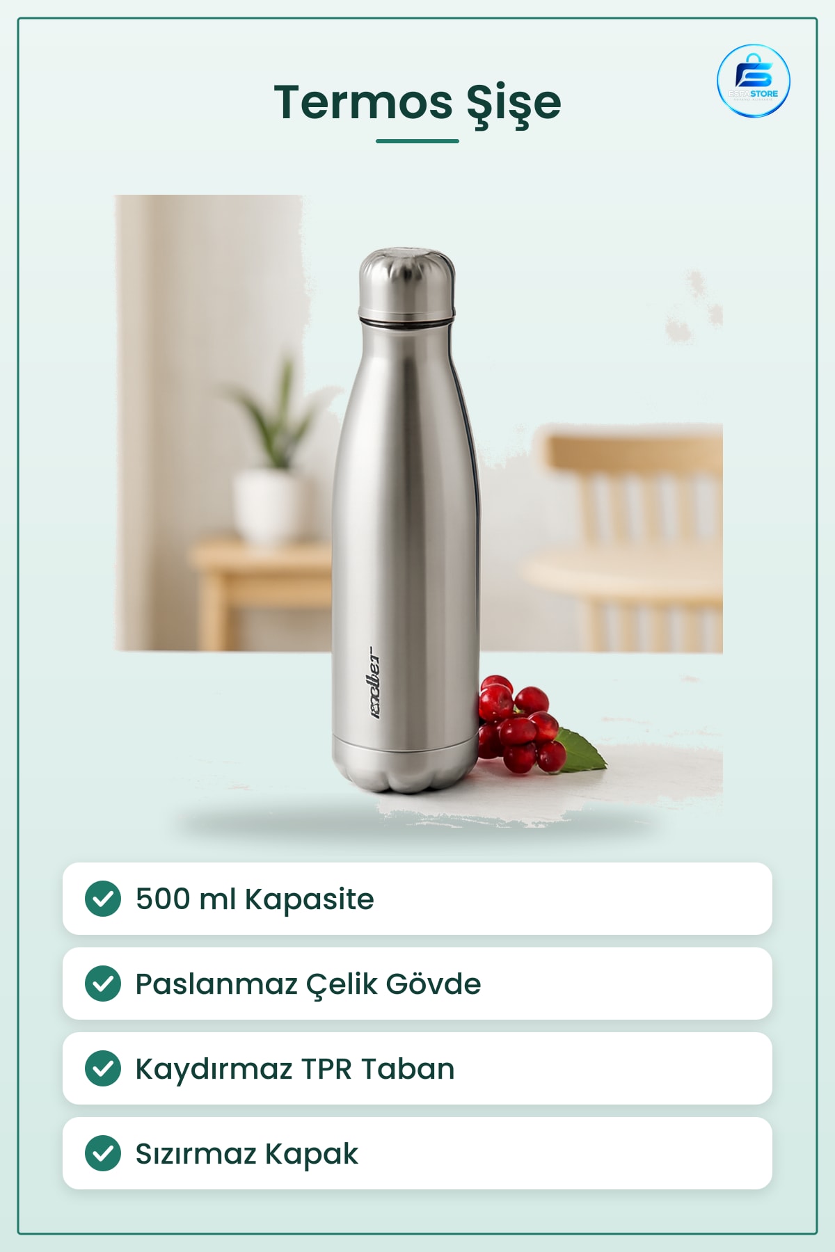 Termos Paslanmaz Çelik Şişe 500 ml Krom Kaydırmaz Tabanlı Sıcak Soğuk Muhafaza Kamp Ofis Seyahat