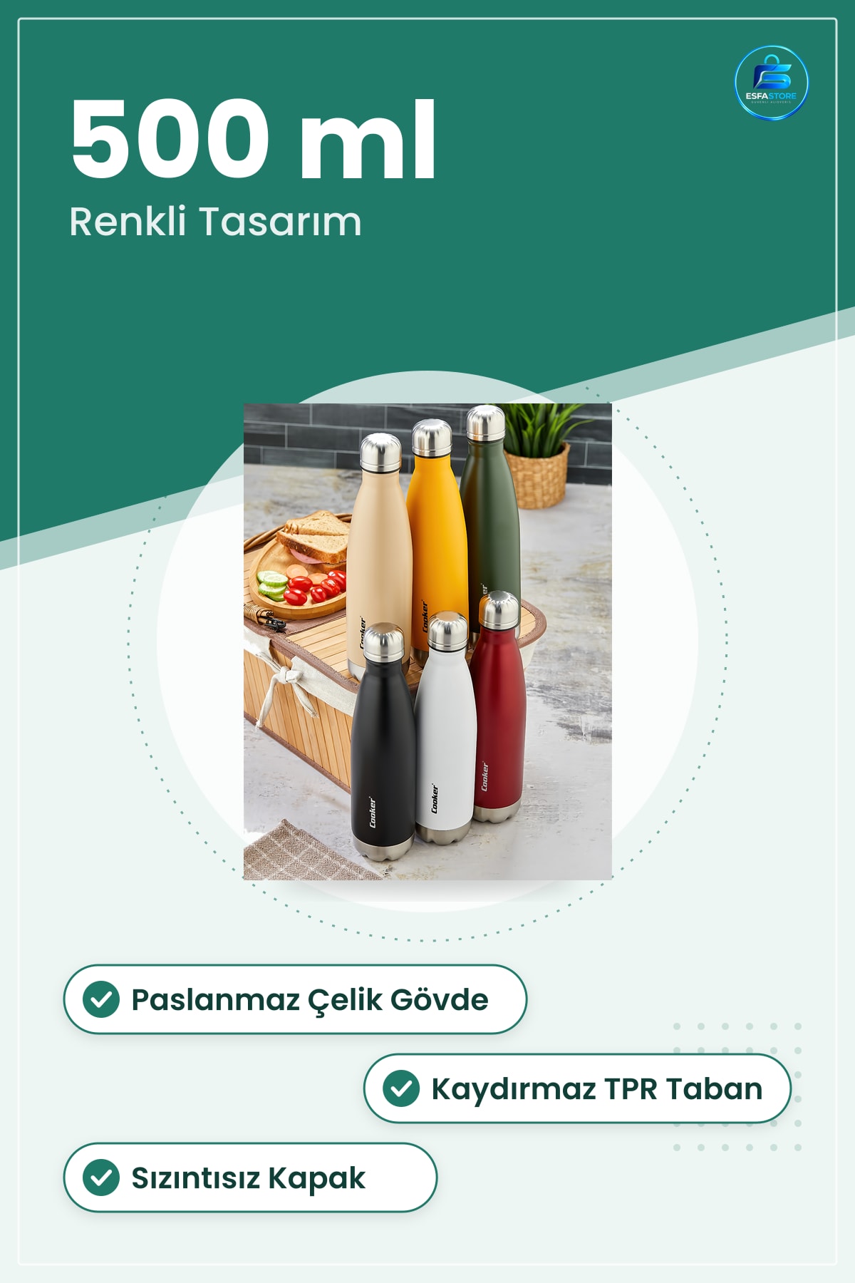 Termos Şişe 500 ml Renkli Paslanmaz Çelik Kaydırmaz Taban Sıcak Soğuk İçecek Spor Okul