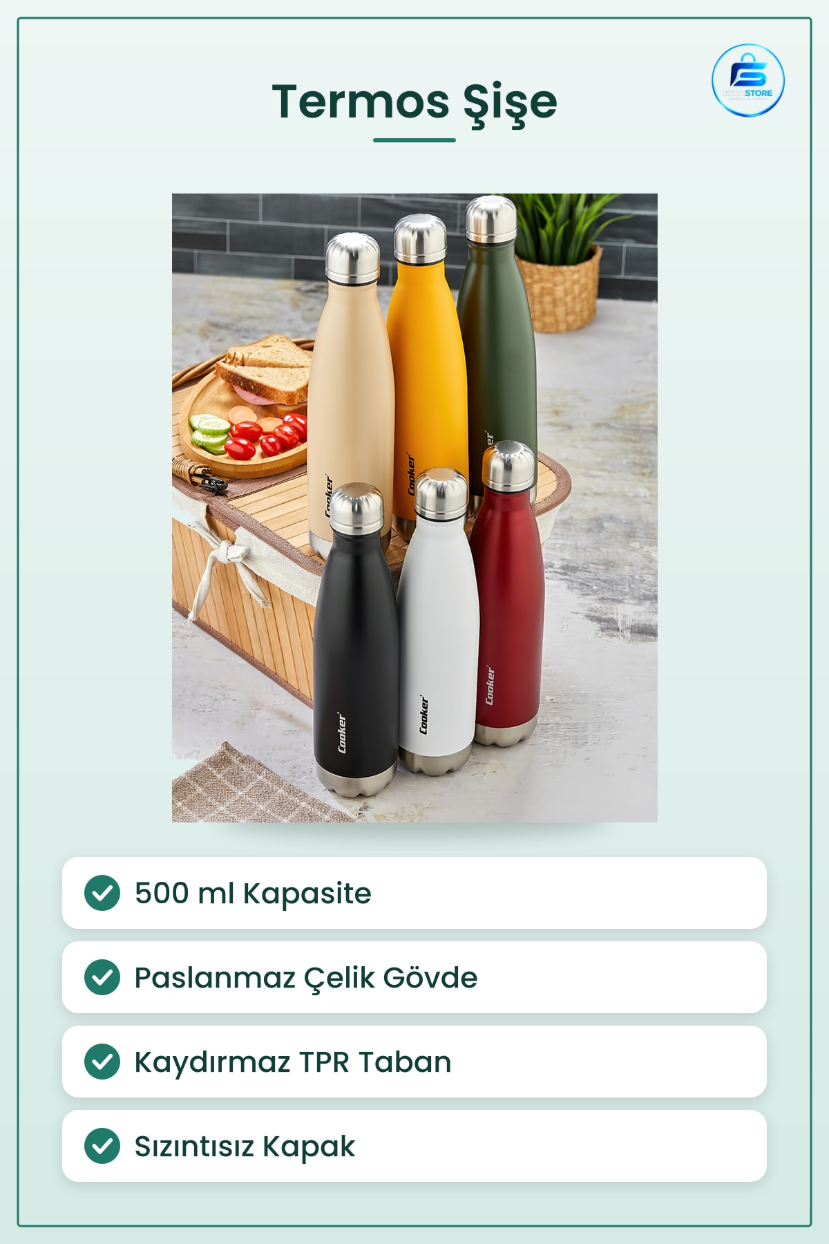 Termos Şişe 500 ml Renkli Paslanmaz Çelik Kaydırmaz Taban Sıcak Soğuk İçecek Spor Okul