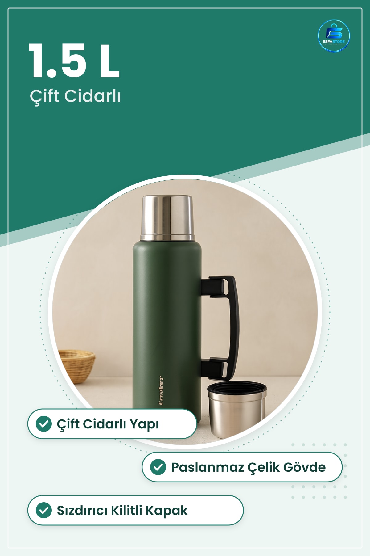 Dağcı Termos 1.5 L Çift Cidarlı Paslanmaz Çelik Kulplu Kamp Piknik Seyahat İçin Sıcak Soğuk
