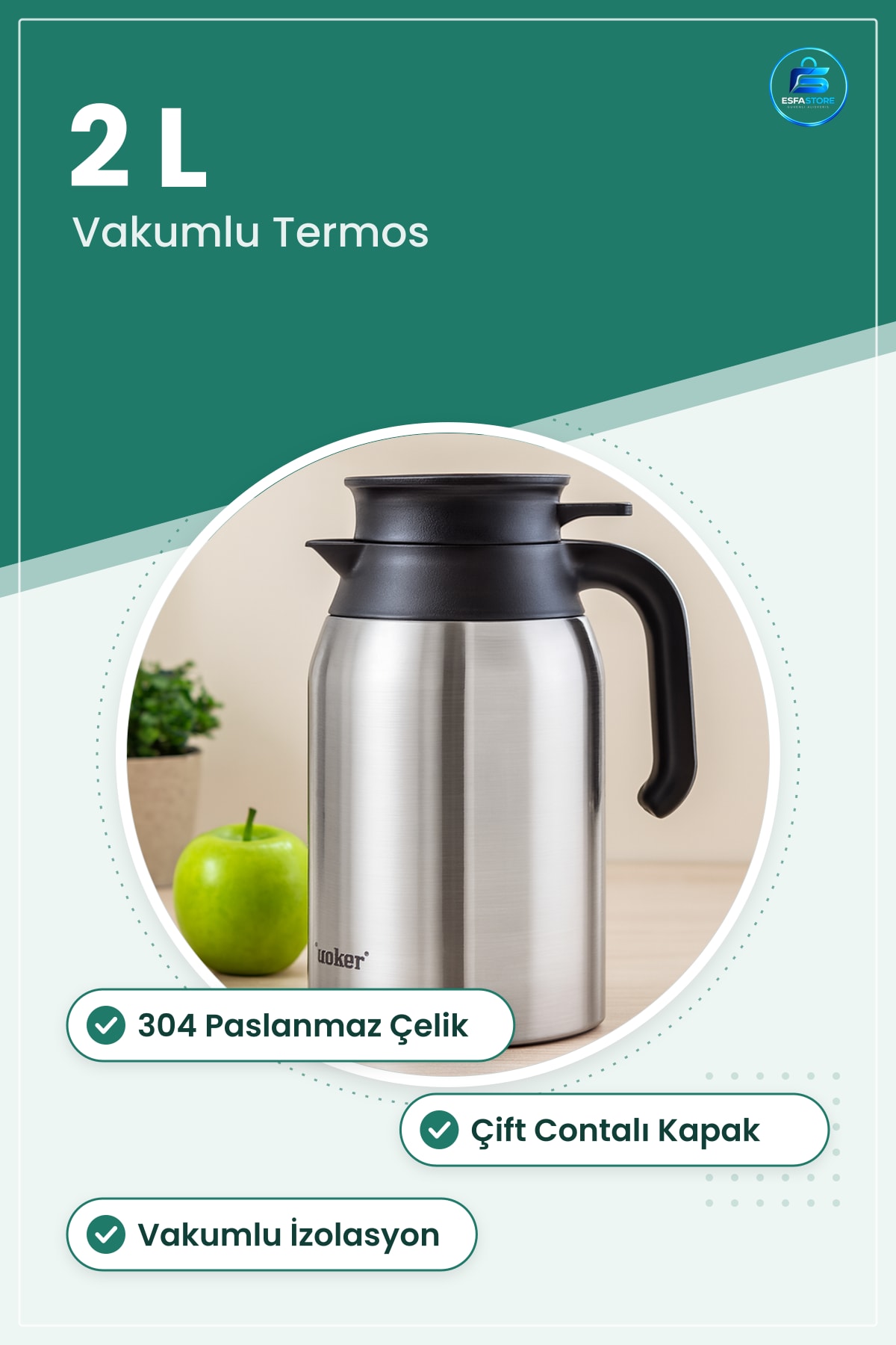 Termos 2L Paslanmaz Çelik Vakumlu Çift Contalı Kapaklı Kamp Ofis Sıcak ve Soğuk İçecek Seyahat