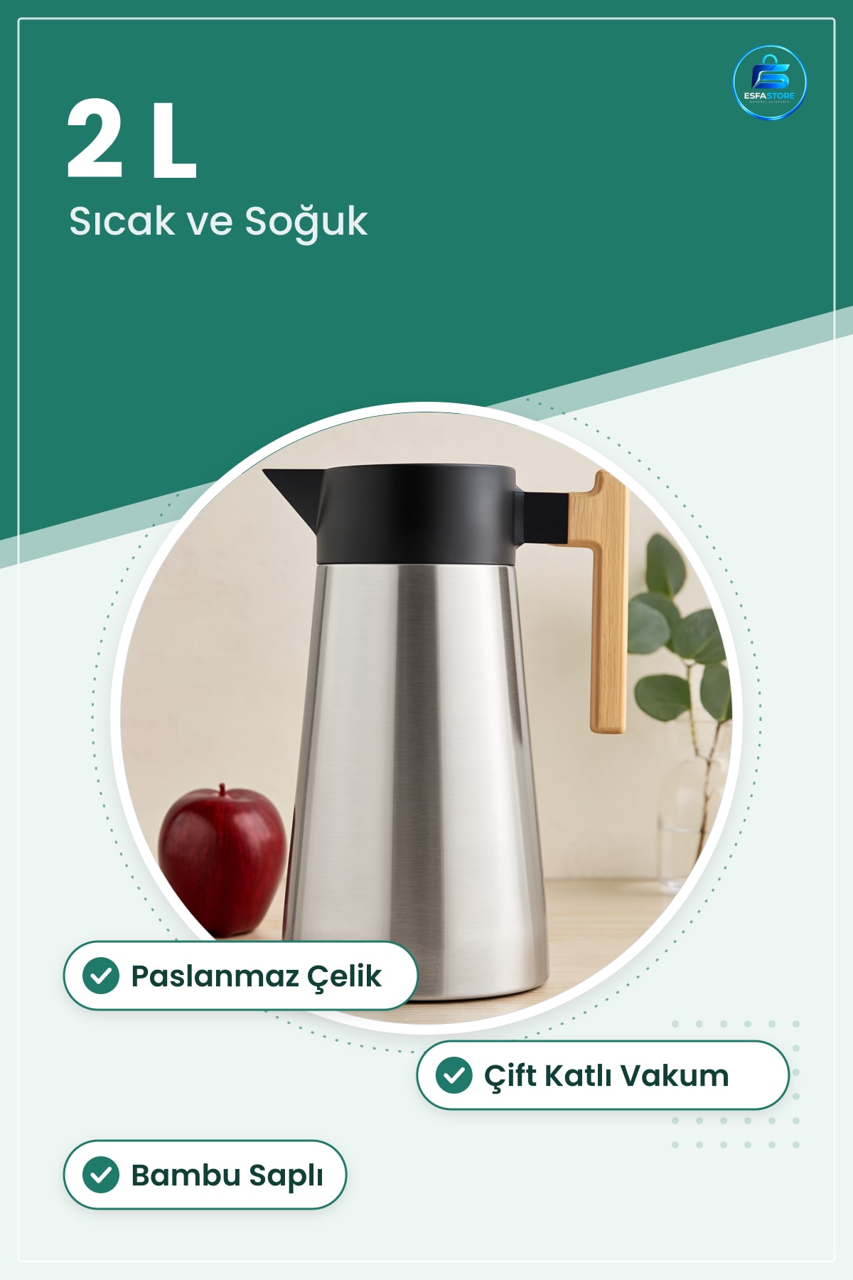 Termos 2L Paslanmaz Bambu Saplı Çift Contalı Kapak Uzun Süre Sıcak Soğuk Tutma Kamp