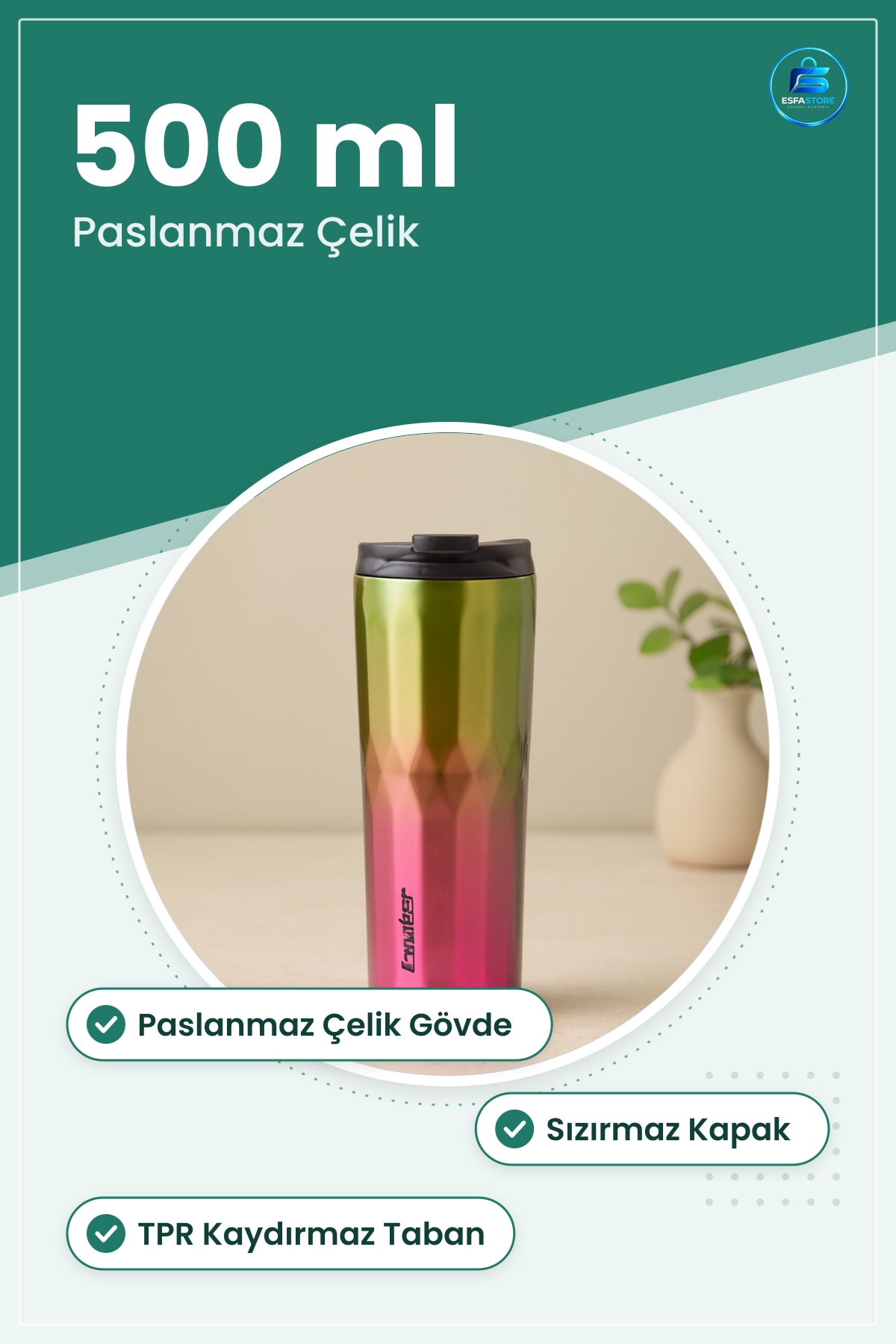 Termos Bardak 500 ml Paslanmaz Çelik Sızdırmaz Kapaklı Kaydırmaz Tabanlı Seyahat Ofis Araç