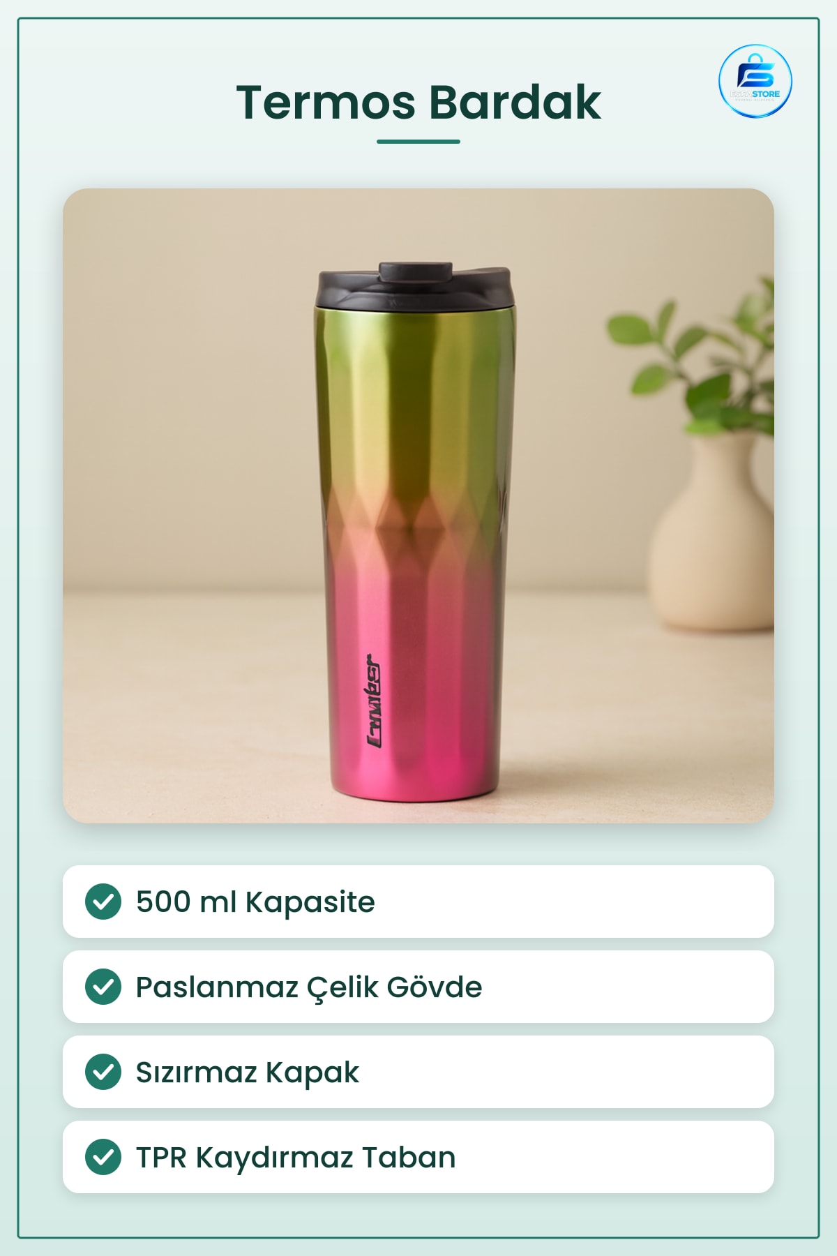 Termos Bardak 500 ml Paslanmaz Çelik Sızdırmaz Kapaklı Kaydırmaz Tabanlı Seyahat Ofis Araç