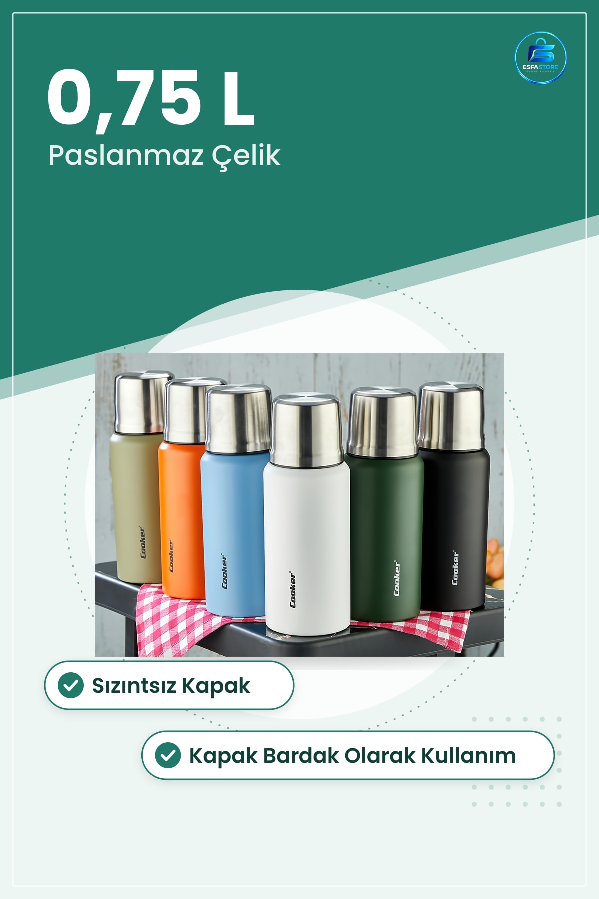 Termos 0,75 L Çift Cidarlı Paslanmaz Çelik Sızıntısız Kapak Bardaklı Kamp Seyahat Sağlam