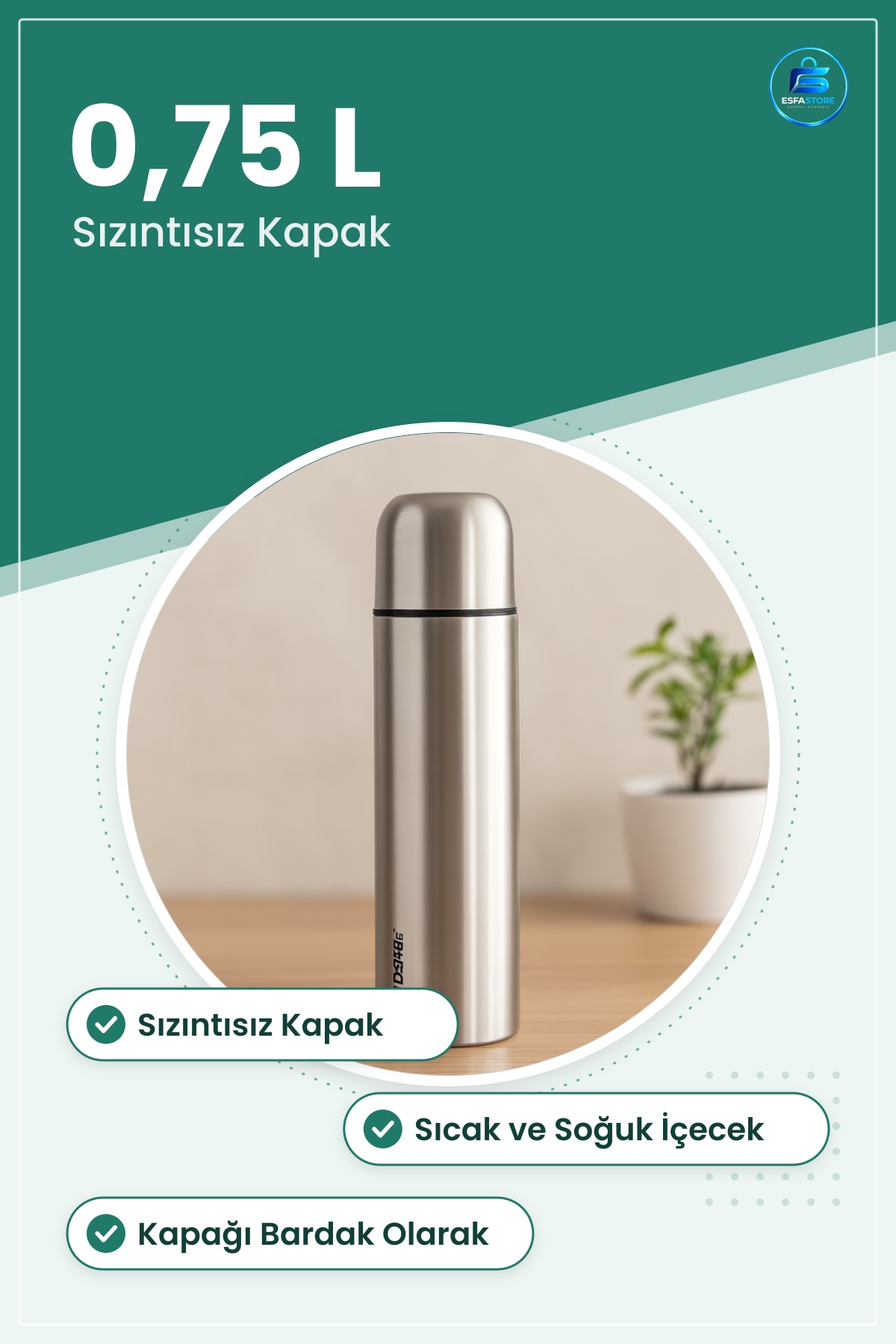 Termos 0,75 L Paslanmaz Çelik Sızıntısız Kapak Bardak Fonksiyonlu Sıcak Soğuk İçecek Seyahat Kamp