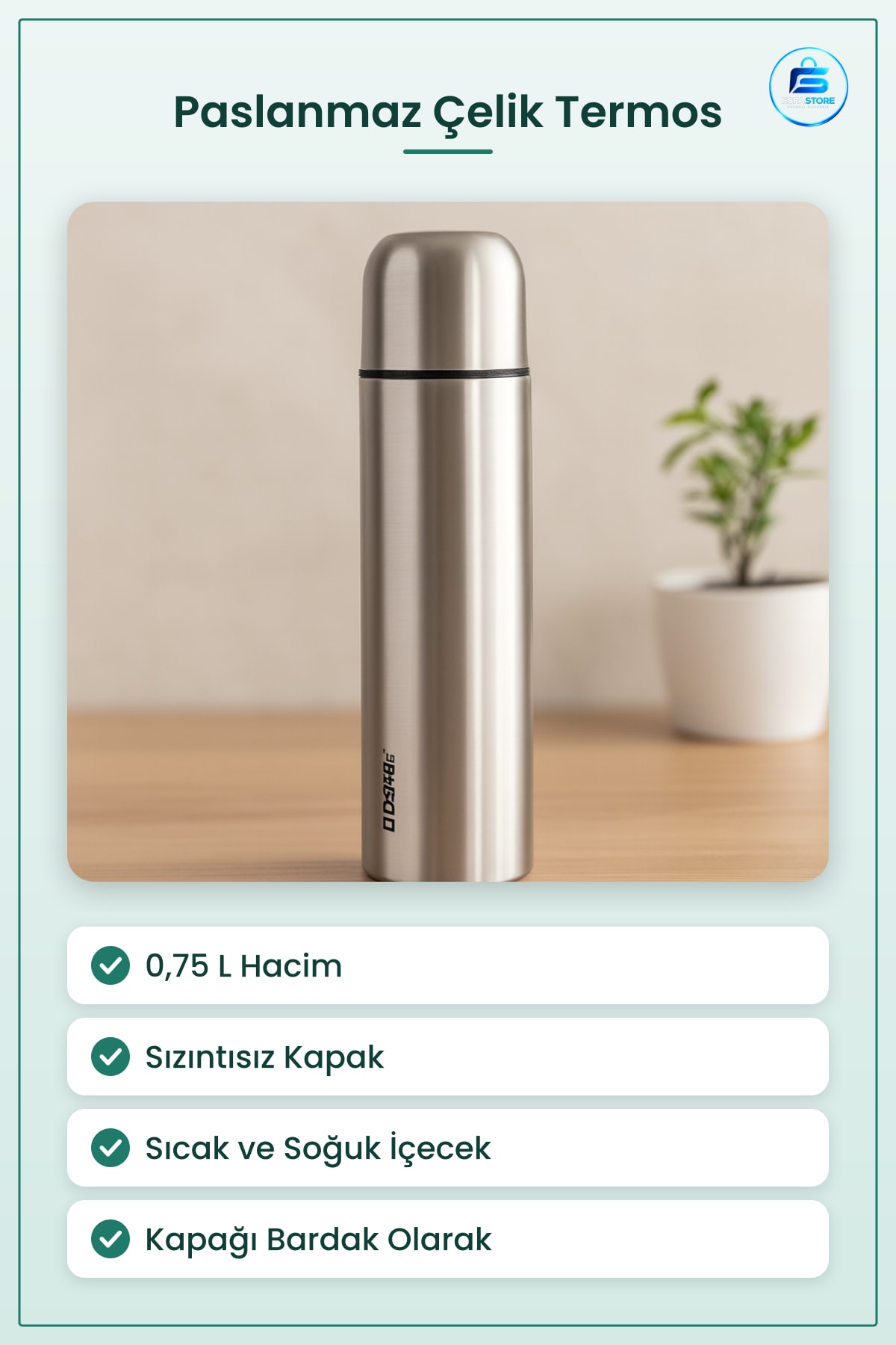 Termos 0,75 L Paslanmaz Çelik Sızıntısız Kapak Bardak Fonksiyonlu Sıcak Soğuk İçecek Seyahat Kamp