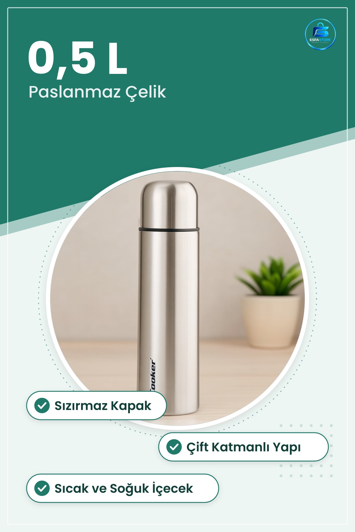 Termos 0,5 L Paslanmaz Çelik Sızırmaz Kapaklı Bardak Çift Katmanlı Vakumlu Sıcak Soğuk Kamp