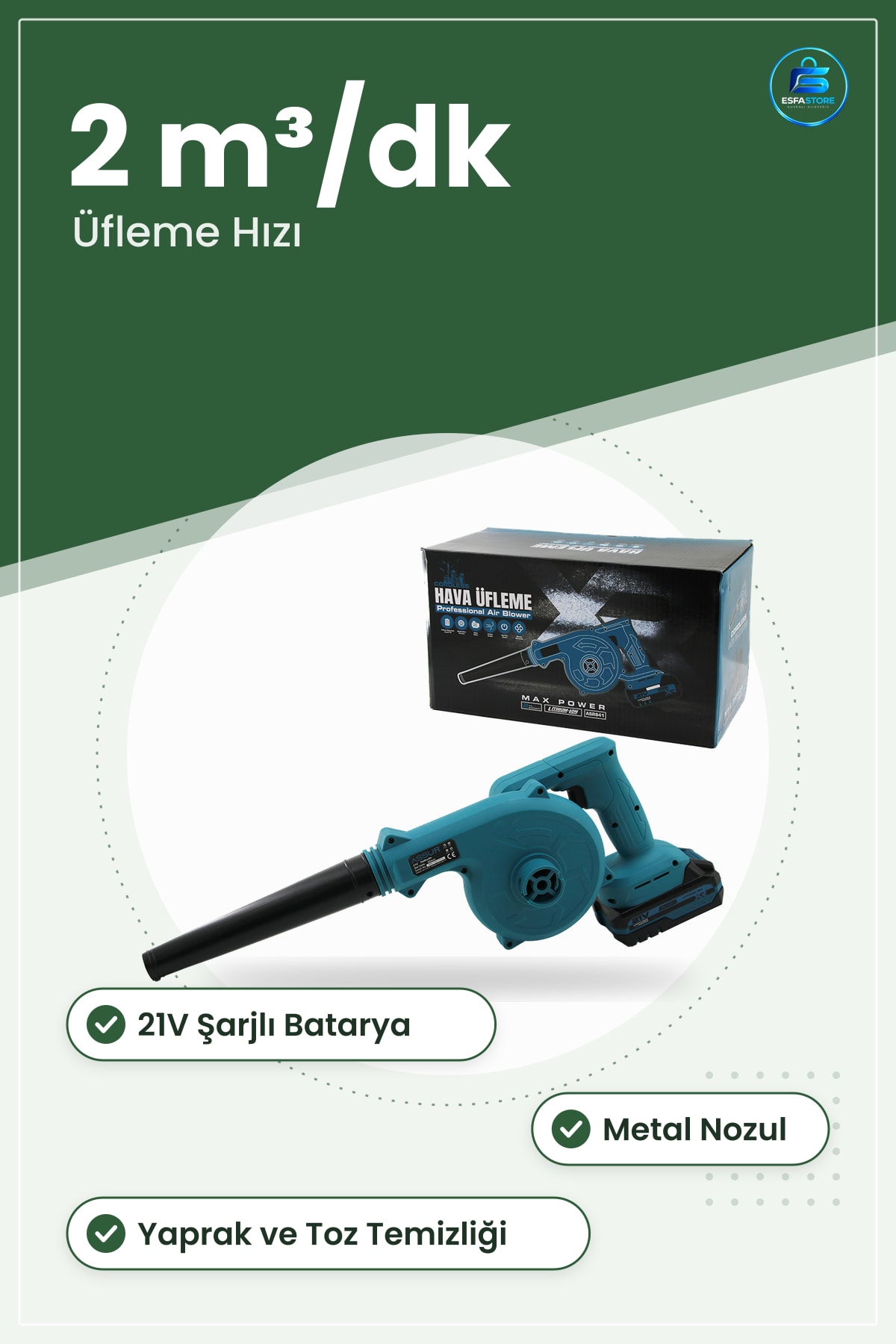 Şarjlı Hava Üfleyici 21V 2 m³/dk Yaprak Üfleme Makinesi Bahçe Atölye Toz Temizleme