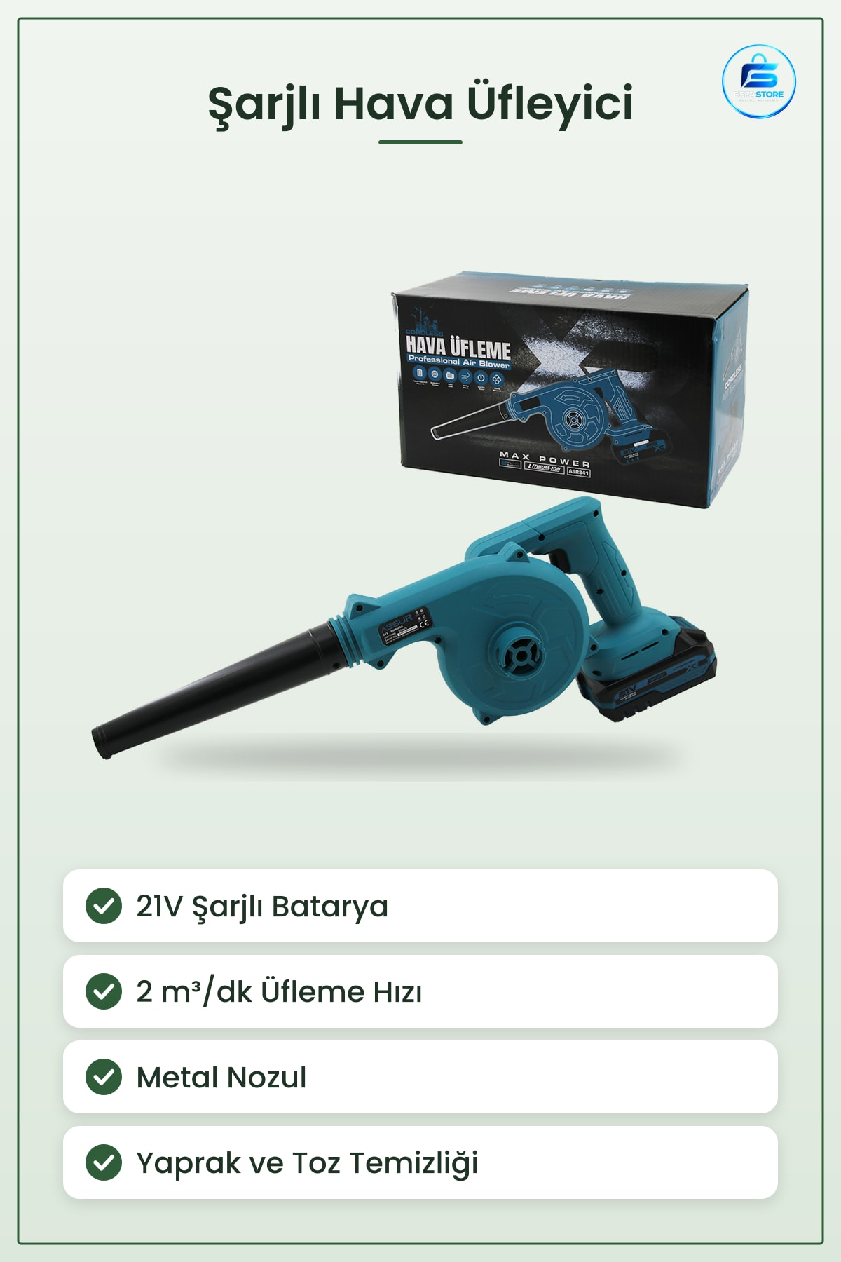 Şarjlı Hava Üfleyici 21V 2 m³/dk Yaprak Üfleme Makinesi Bahçe Atölye Toz Temizleme