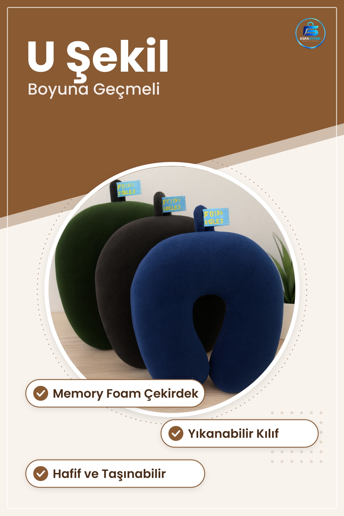 Boyun Yastığı Boyuna Geçmeli Büyük Seyahat Memory Foam Yıkanabilir Kılıflı Ergonomik U Şekilli