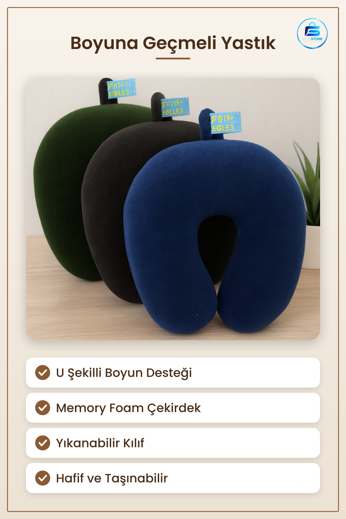 Boyun Yastığı Boyuna Geçmeli Büyük Seyahat Memory Foam Yıkanabilir Kılıflı Ergonomik U Şekilli