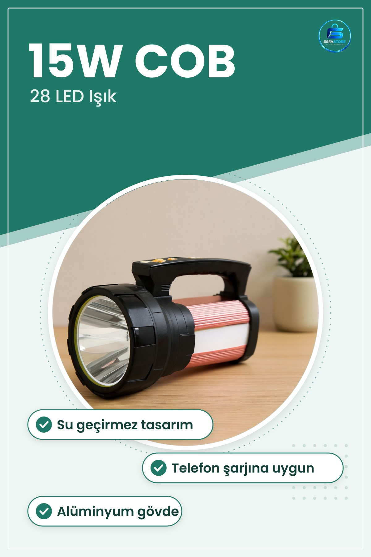 El Feneri 15W COB 28 LED Şarjlı Projektör Powerbank Su Geçirmez Kamp Acil Durum Taşınabilir