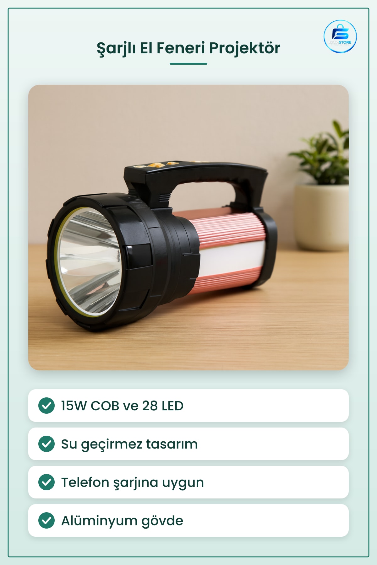 El Feneri 15W COB 28 LED Şarjlı Projektör Powerbank Su Geçirmez Kamp Acil Durum Taşınabilir