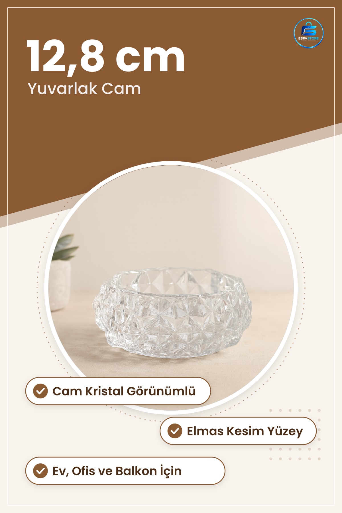 Küllük Cam Kristal Görünümlü Yuvarlak 12,8 cm Elmas Kesim Ev Ofis Balkon Dekoratif
