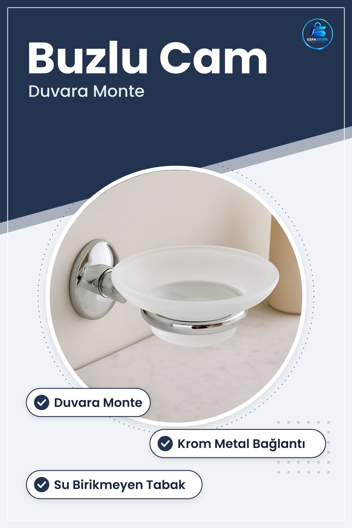 Sabunluk Krom Metal Buzlu Cam Tabaklı Duvara Monte Banyo Sabun Tutucu Kolay Montaj Hijyenik