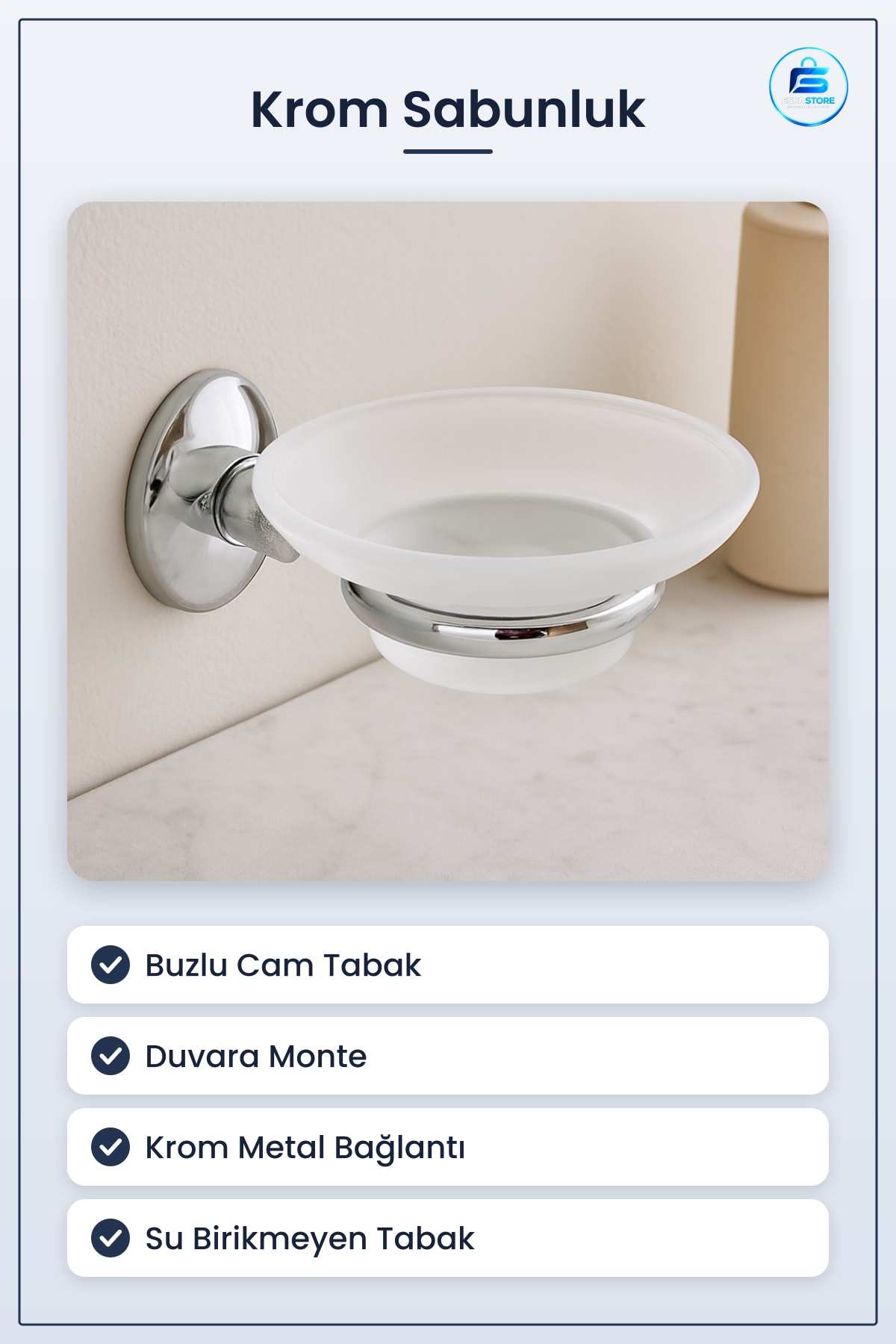 Sabunluk Krom Metal Buzlu Cam Tabaklı Duvara Monte Banyo Sabun Tutucu Kolay Montaj Hijyenik