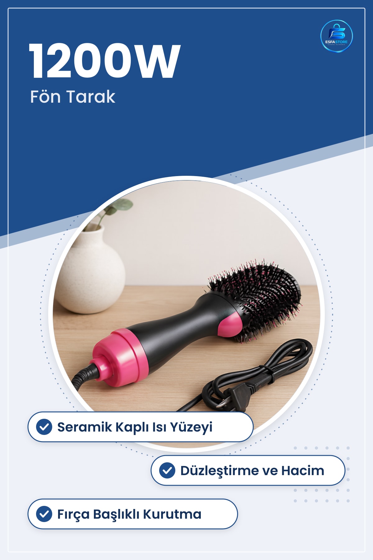 Saç Kurutma Makinesi Fu00f6n Tarak Fırça 1200W One Step Seramik Kaplama Düzleştirici Hacim Verici