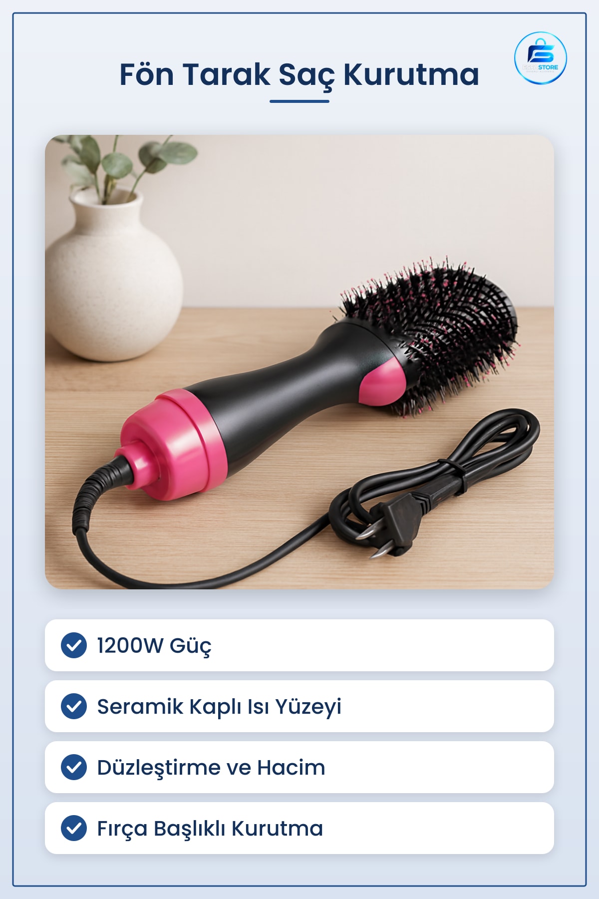 Saç Kurutma Makinesi Fu00f6n Tarak Fırça 1200W One Step Seramik Kaplama Düzleştirici Hacim Verici