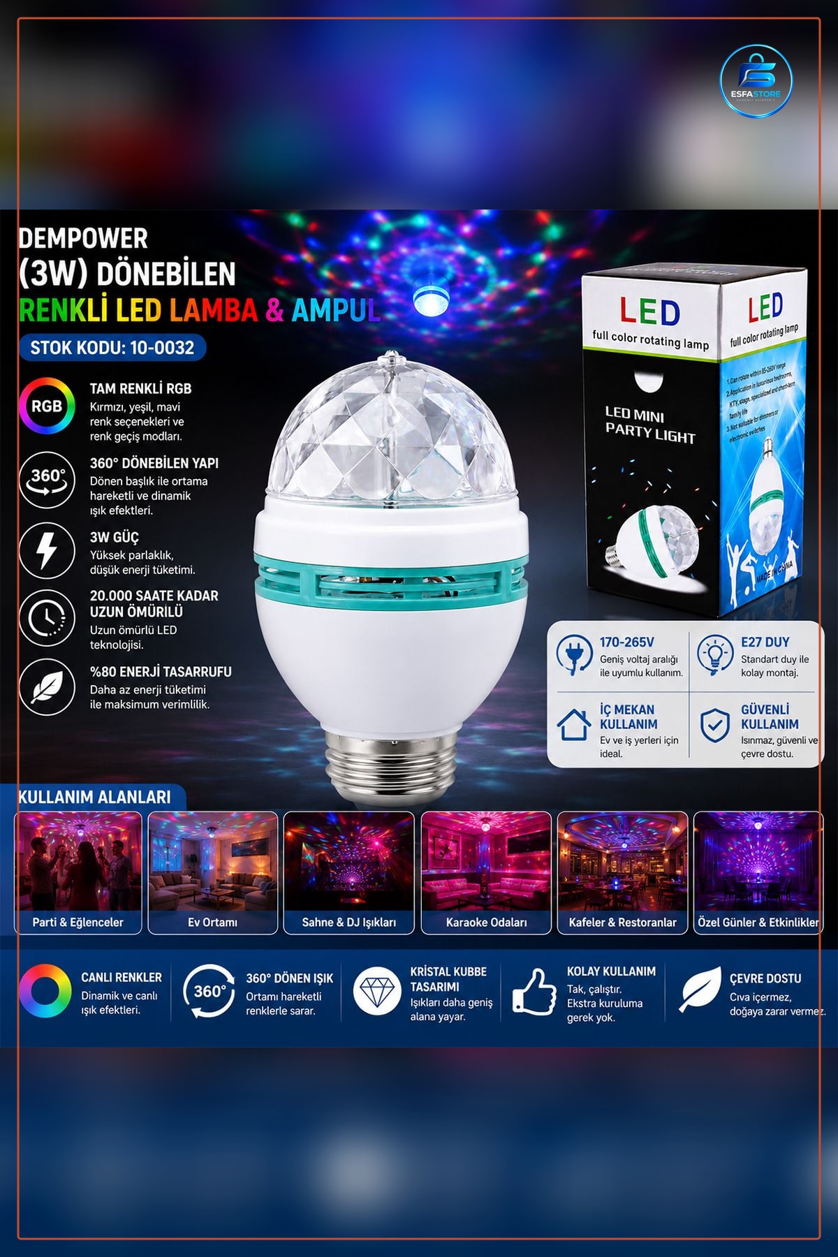 LED Disko Lamba 3W Dönebilen Renkli Parti Aydınlatma Işığı ila 265V Ambiyans Efekt