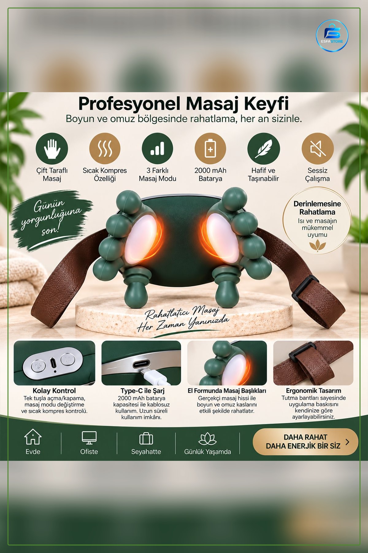 Boyun ve Omuz Masaj Aleti Çift El Şarjlı USB 2000 mAh Kas Gerginliği Rahatlatma Taşınabilir Sessiz