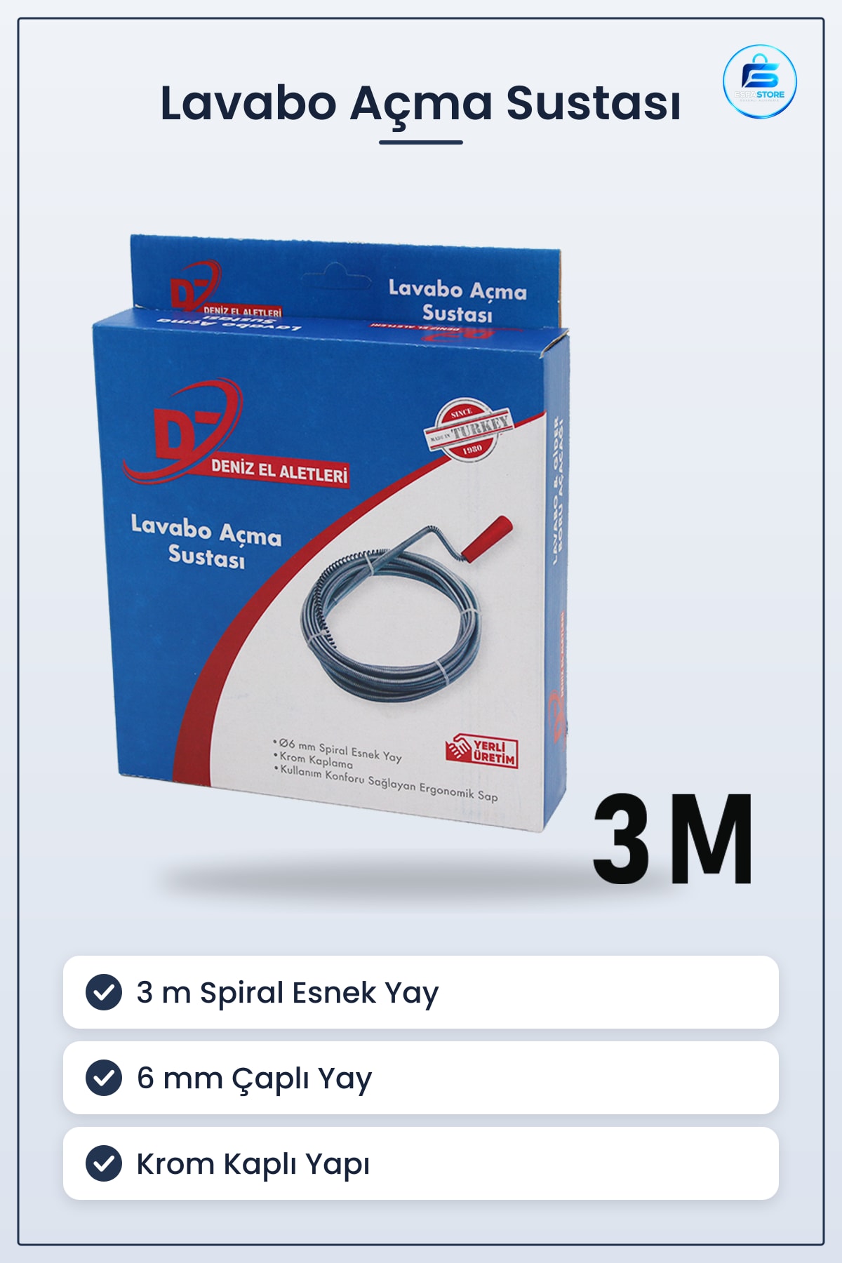 Lavabo Açma Sustası 3 m Spiral Esnek Yay Gider Boru Açıcı Krom Kaplı Banyo Mutfak Tesisat Tuşak