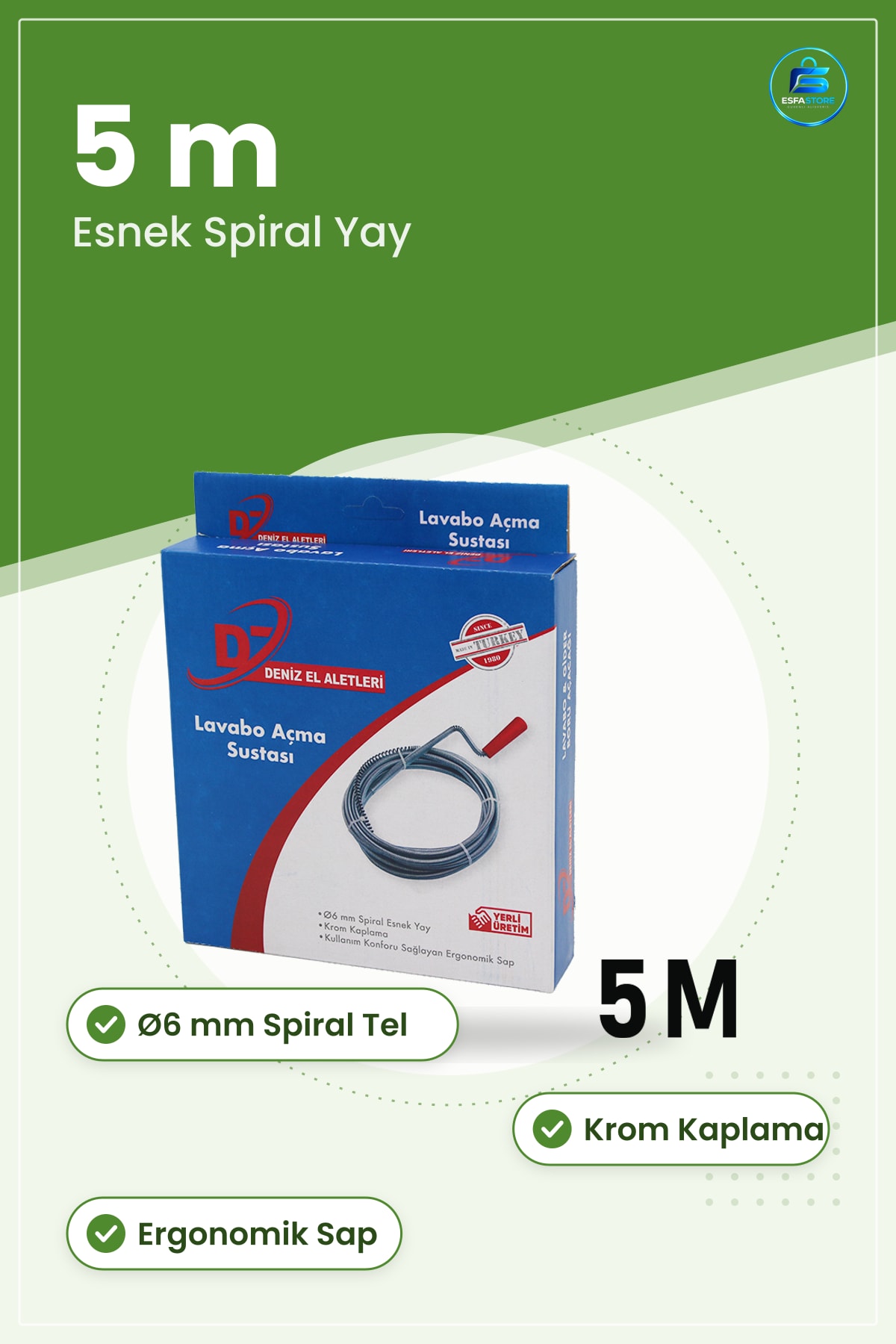 Lavabo Açıcı Spiral Esnek Yay Gider Açma Sustası 5 m Krom Kaplama Ø6 mm Ergonomik Sap