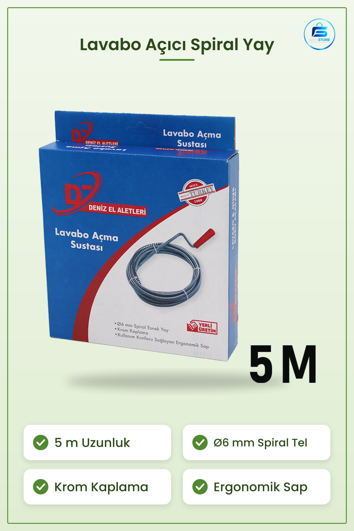Lavabo Açıcı Spiral Esnek Yay Gider Açma Sustası 5 m Krom Kaplama Ø6 mm Ergonomik Sap