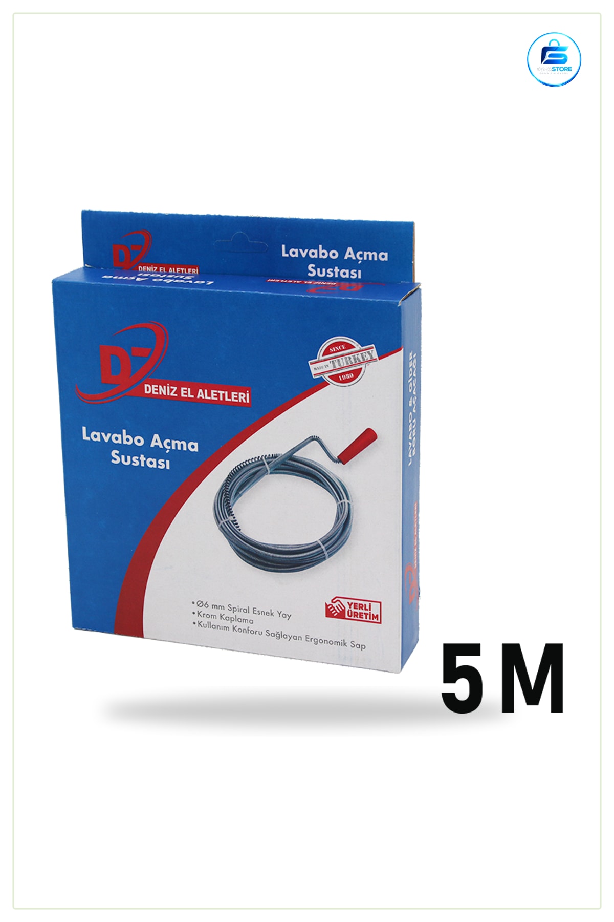 Lavabo Açıcı Spiral Esnek Yay Gider Açma Sustası 5 m Krom Kaplama Ø6 mm Ergonomik Sap
