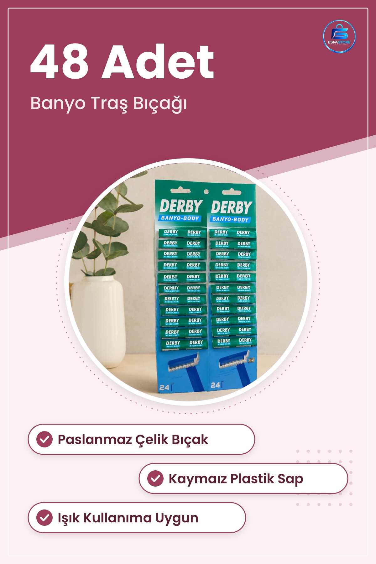 Saplı Banyo Tıraş Bıçağı 48 Adet Paslanmaz Çelik Traş Jileti Vücut Tıraşı İçin Kaymaz Sap