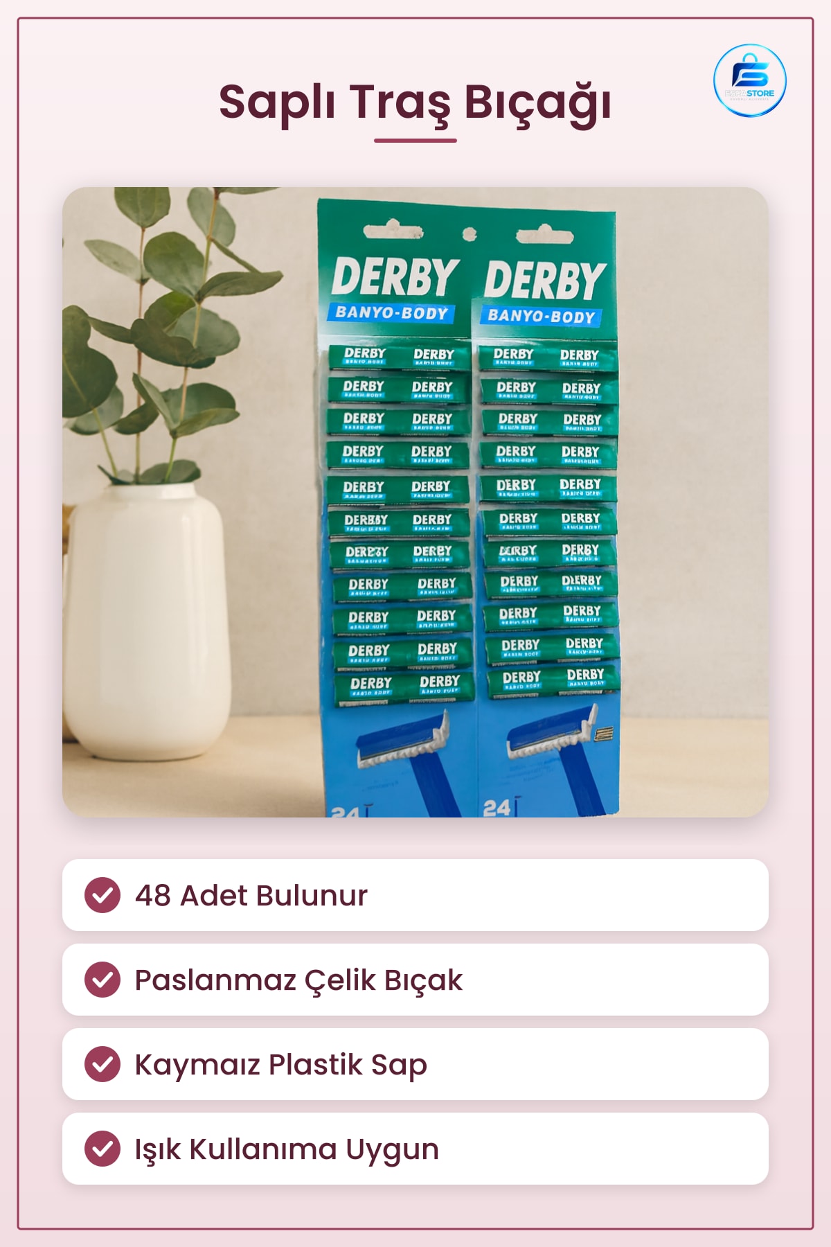 Saplı Banyo Tıraş Bıçağı 48 Adet Paslanmaz Çelik Traş Jileti Vücut Tıraşı İçin Kaymaz Sap